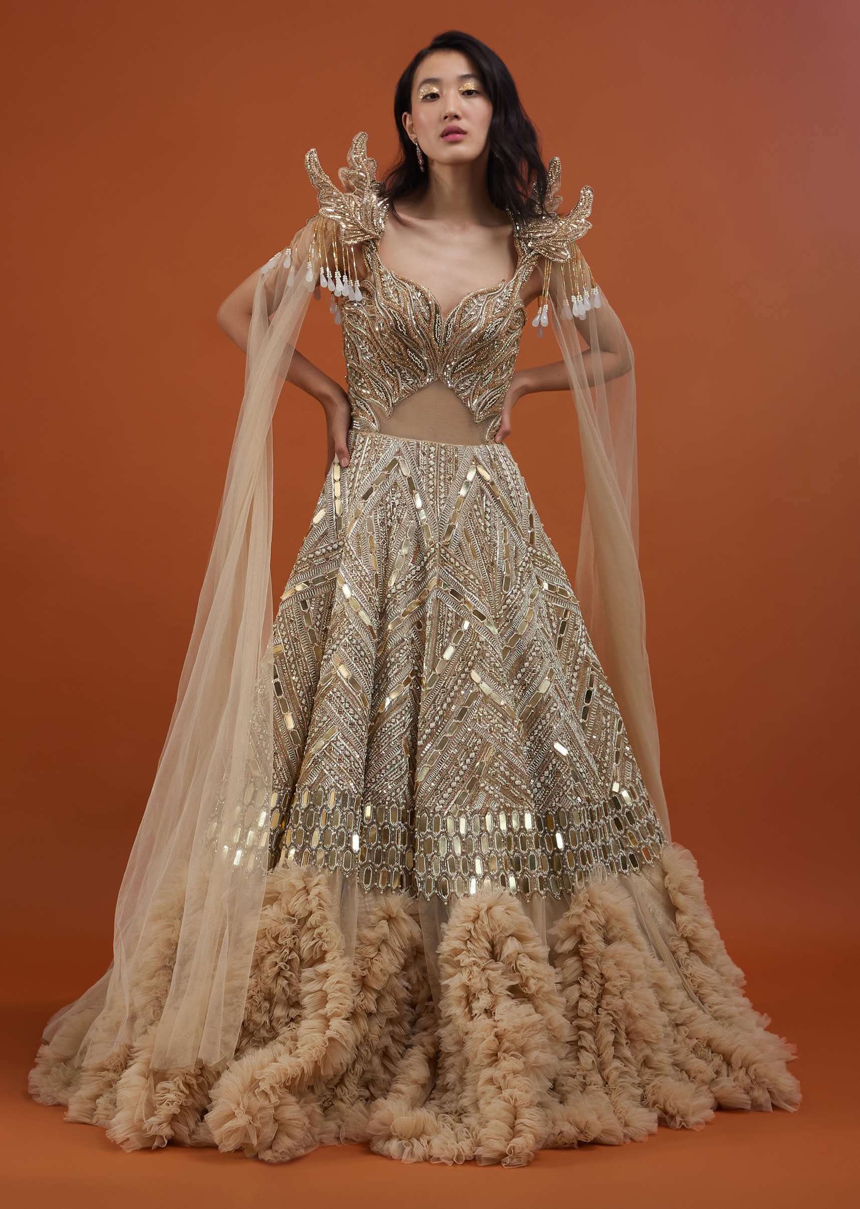 Champagne Gold Divine Gown In Net With Ruffle Frill Adornment - NOOR 2022 - Image 3