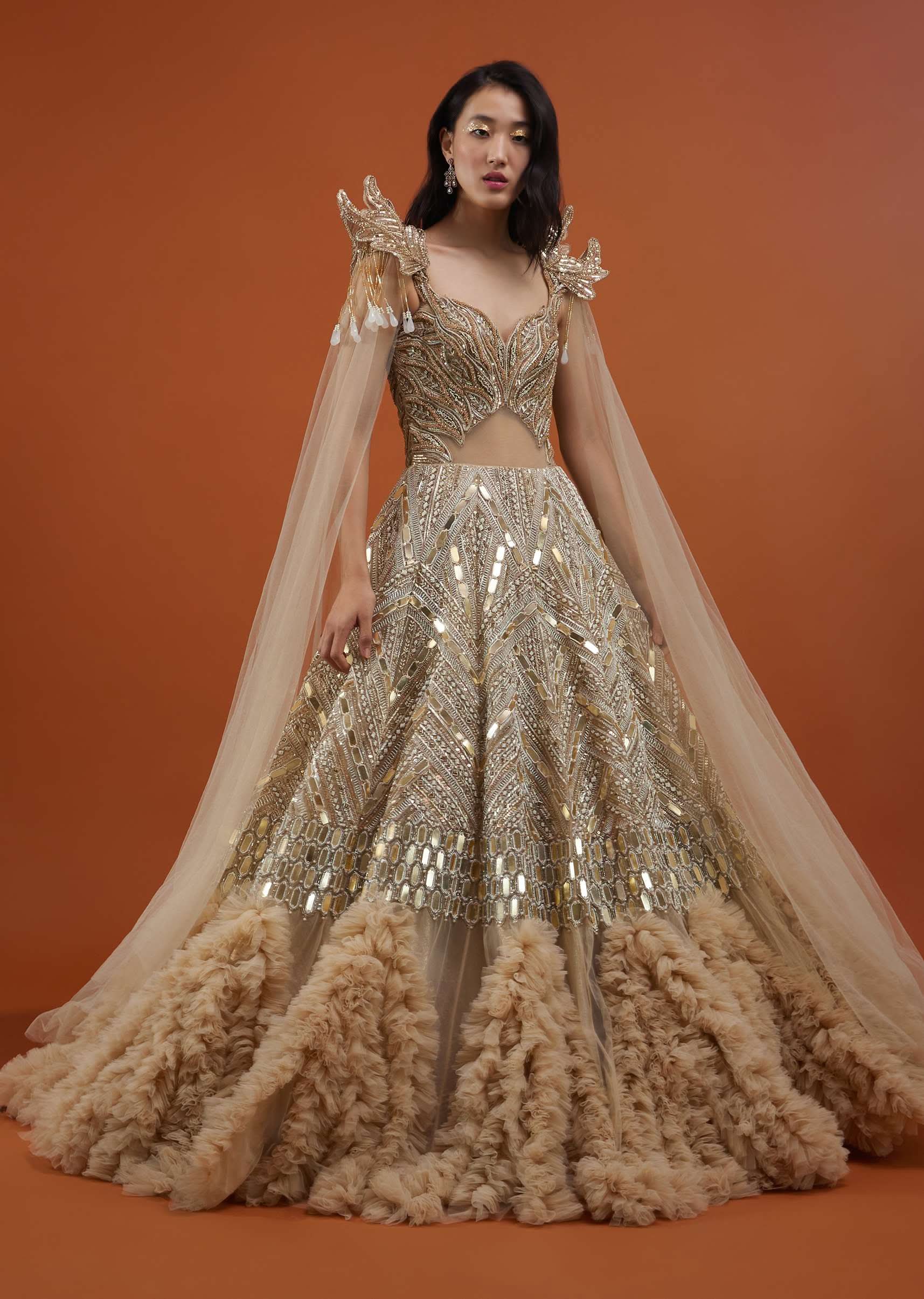 Champagne Gold Divine Gown In Net With Ruffle Frill Adornment - NOOR 2022 - Image 4