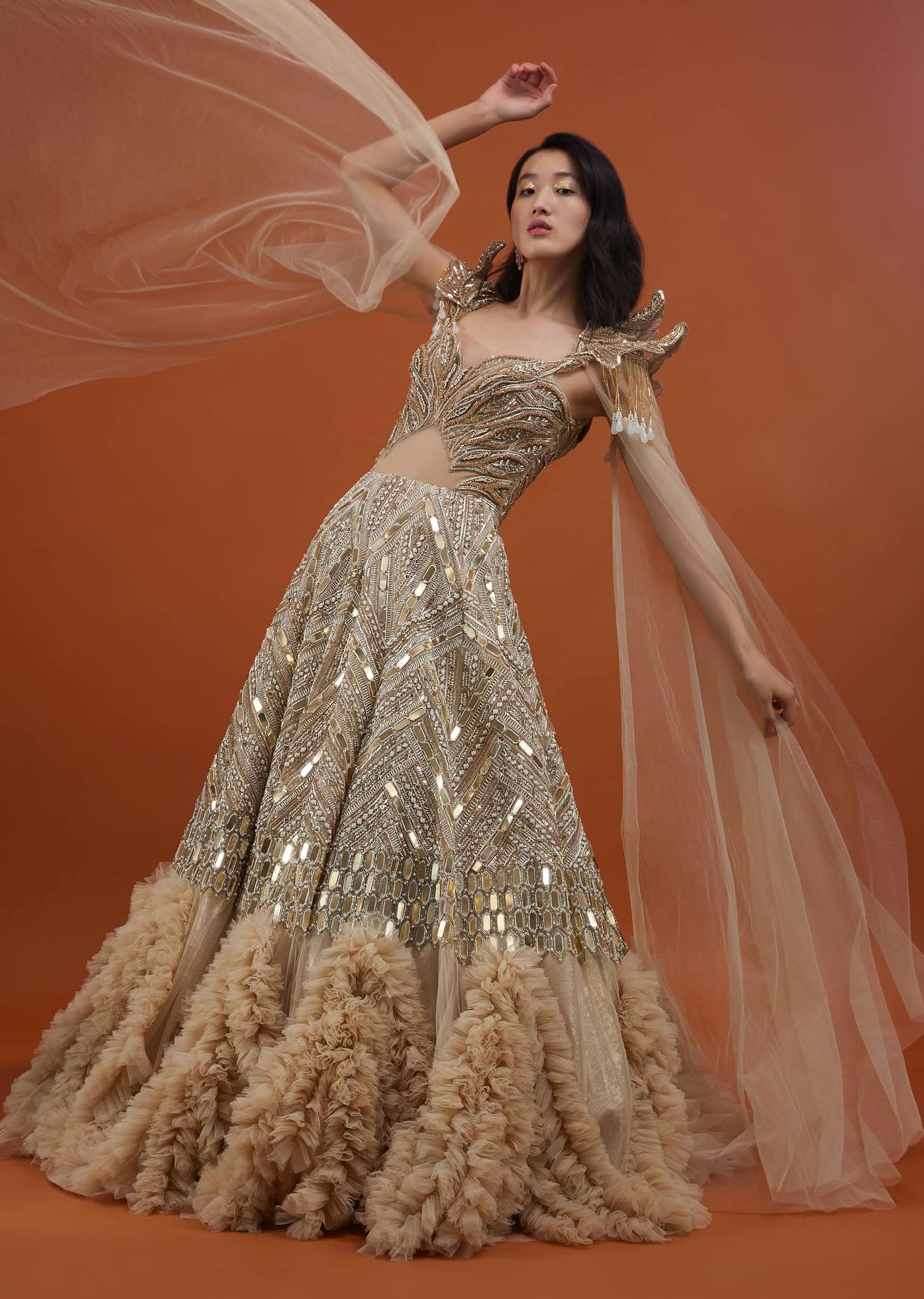 Champagne Gold Divine Gown In Net With Ruffle Frill Adornment - NOOR 2022 - Image 5