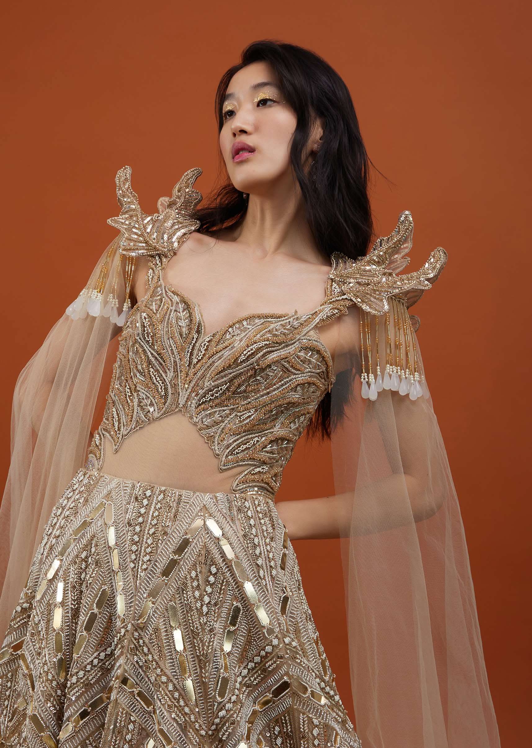 Champagne Gold Divine Gown In Net With Ruffle Frill Adornment - NOOR 2022 - Image 7