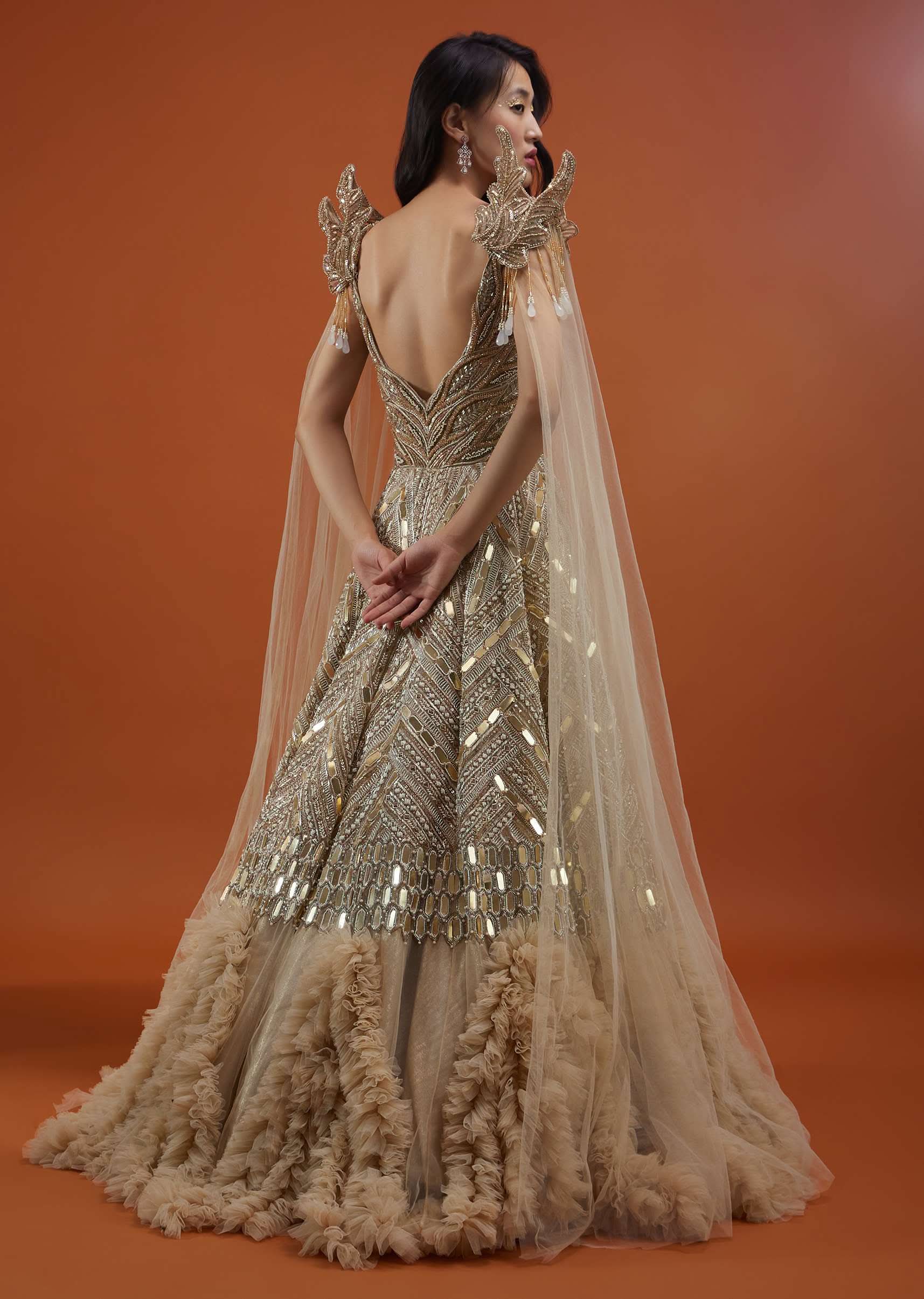 Champagne Gold Divine Gown In Net With Ruffle Frill Adornment - NOOR 2022 - Image 8