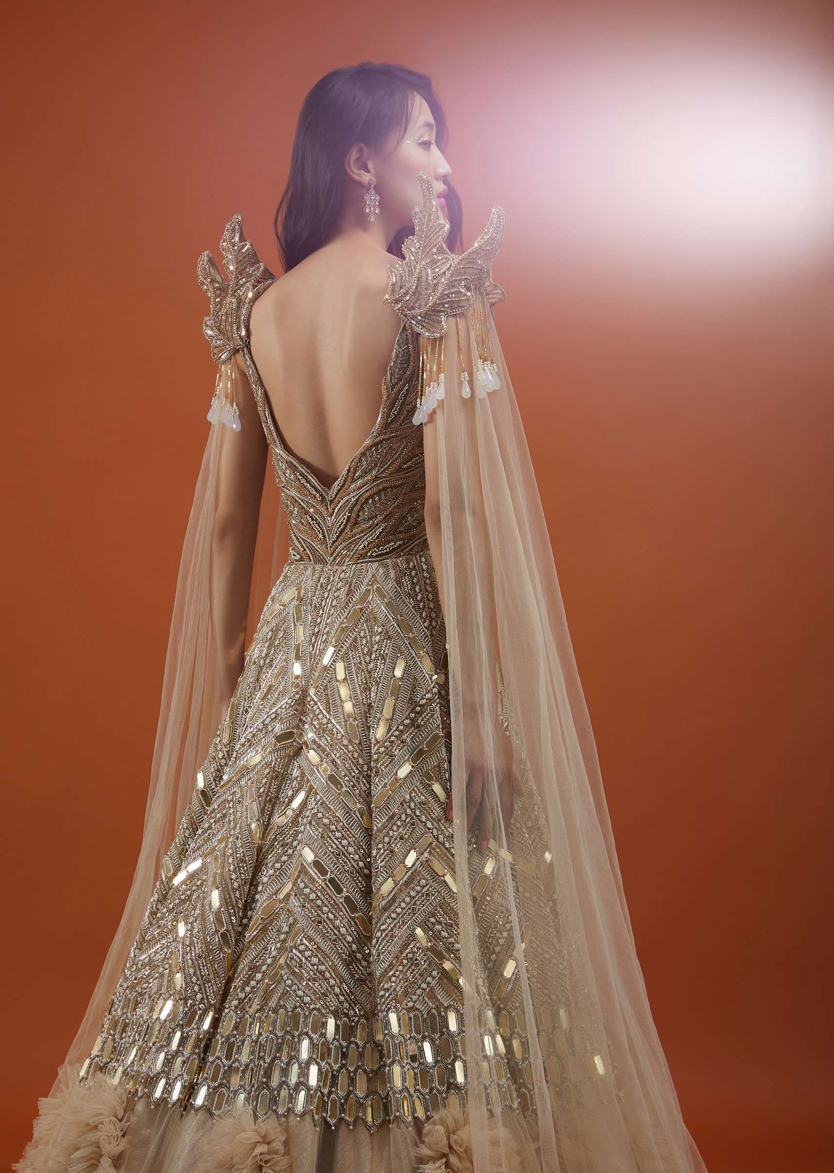 Champagne Gold Divine Gown In Net With Ruffle Frill Adornment - NOOR 2022 - Image 9