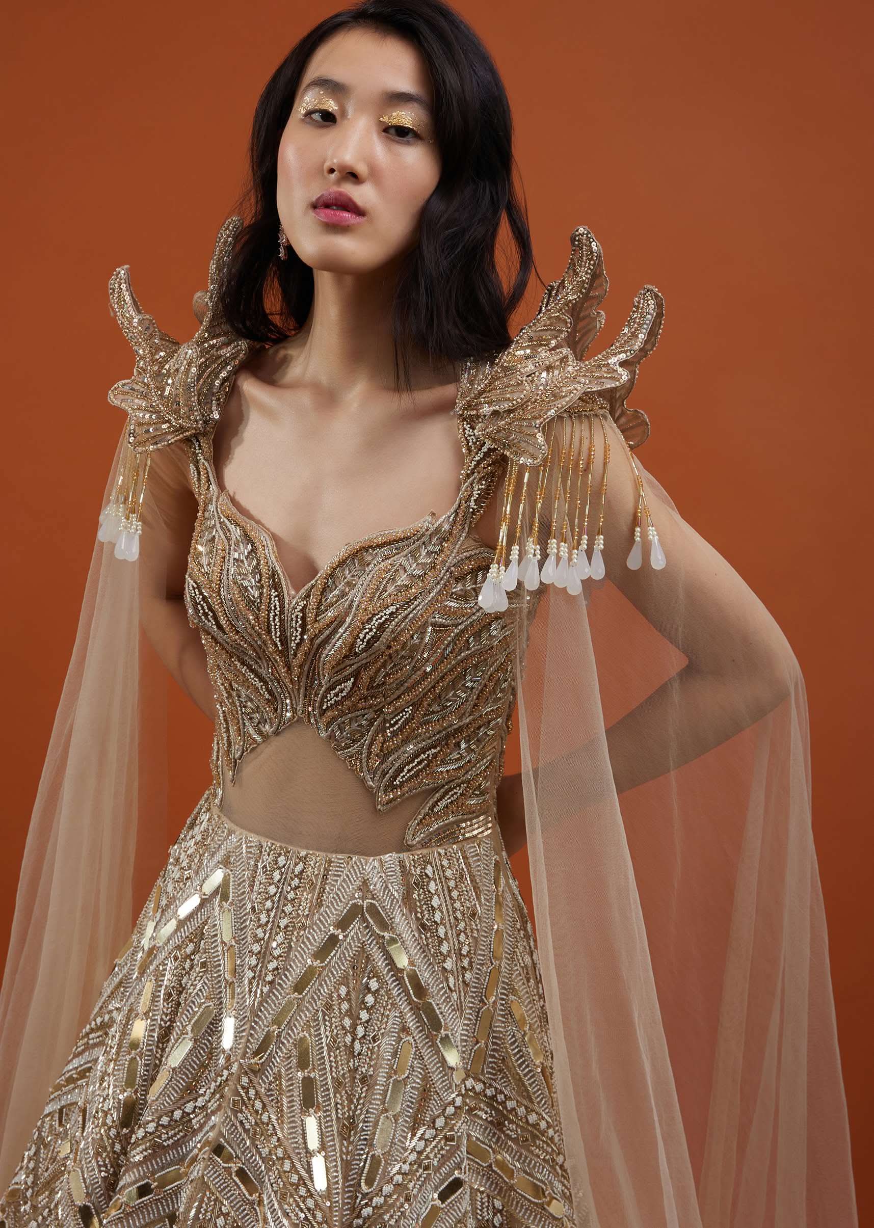 Champagne Gold Divine Net Fabricated Gown With Ruffle Frill Adornment - NOOR 2022 - Image 10