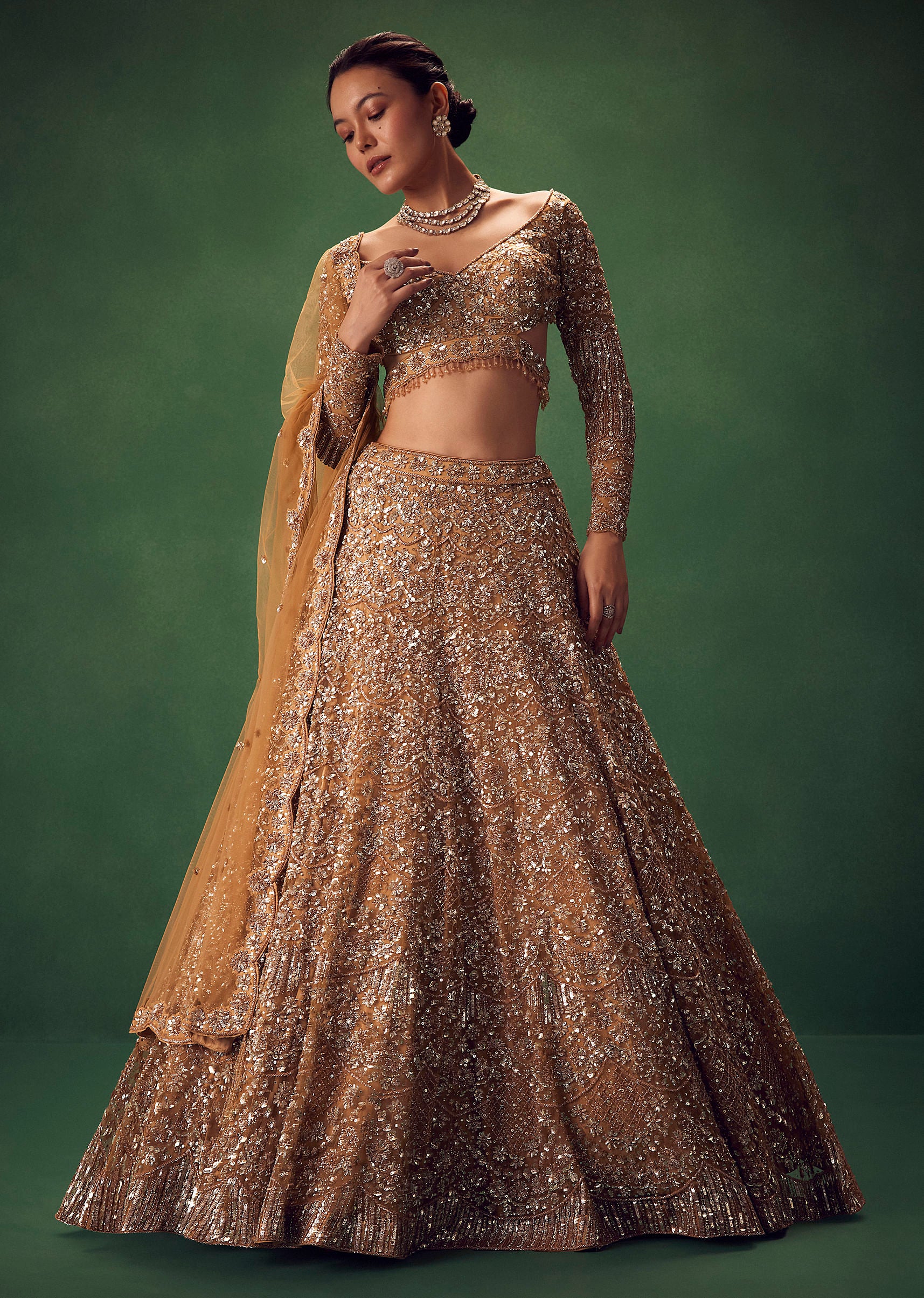 Champagne Gold Hand Embroidered Sequin Work Lehenga Set - Image 4