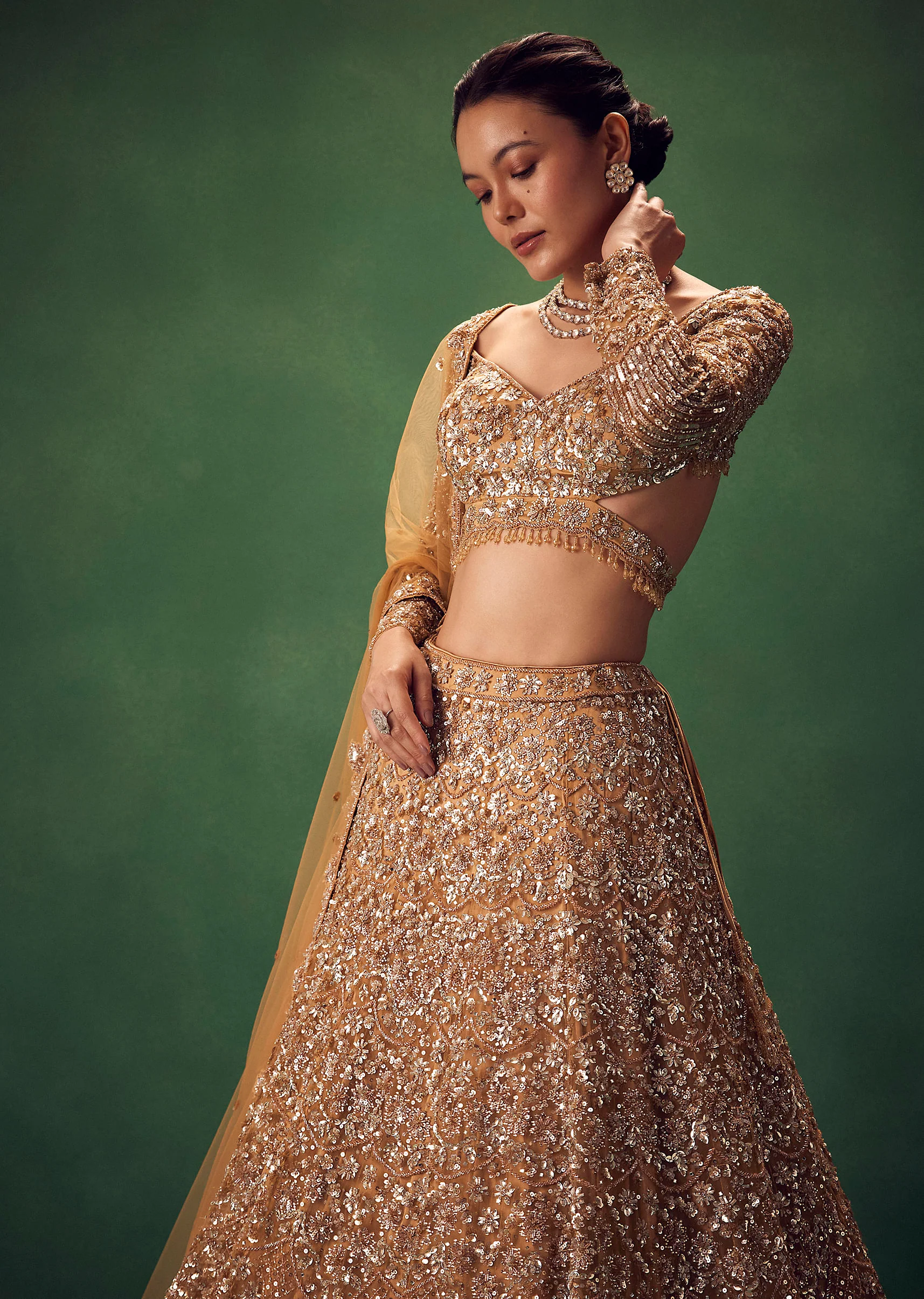 Champagne Gold Hand Embroidered Sequin Work Lehenga Set - Image 5