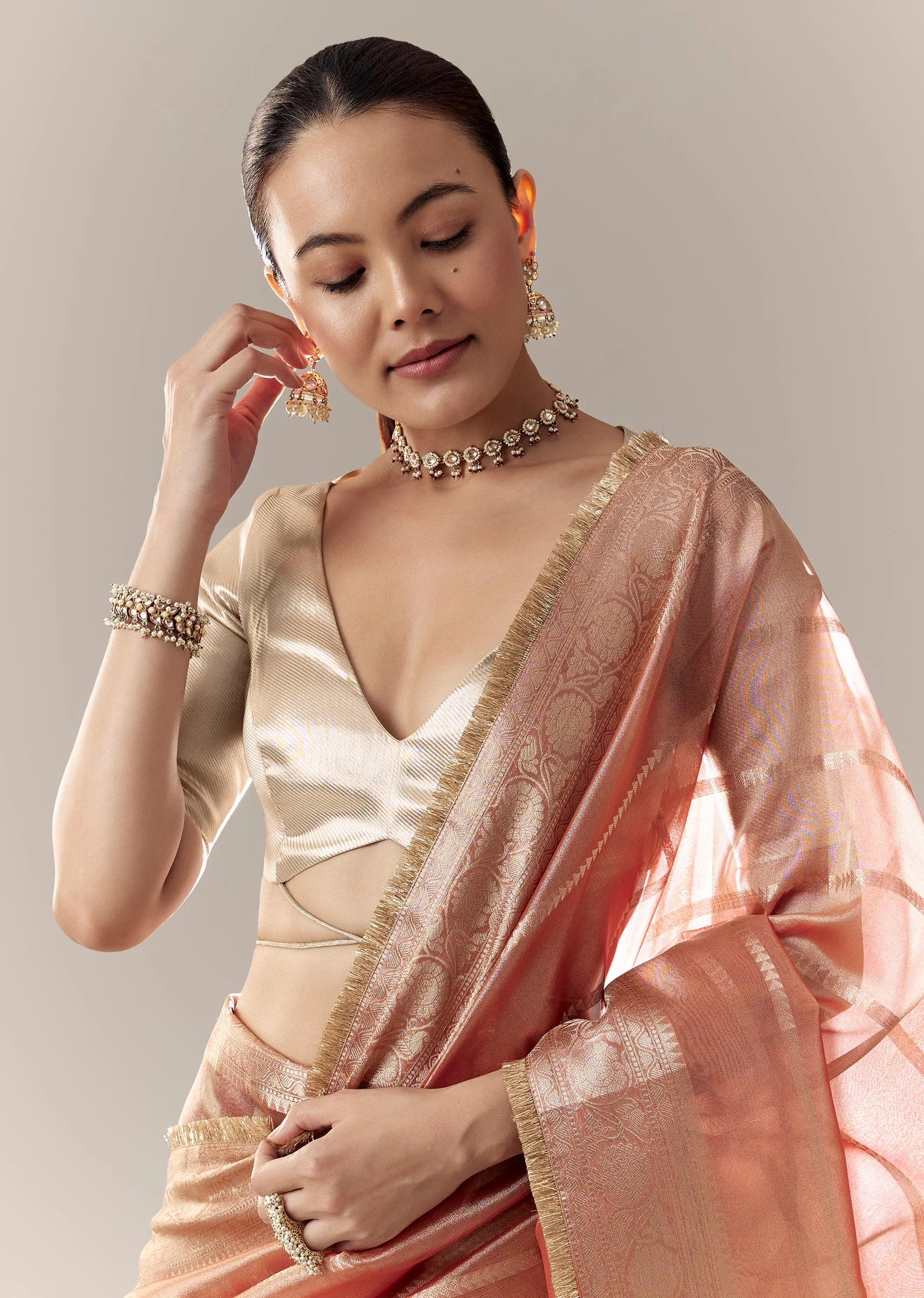Champagne Gold V Neck Criss Cross Back Blouse