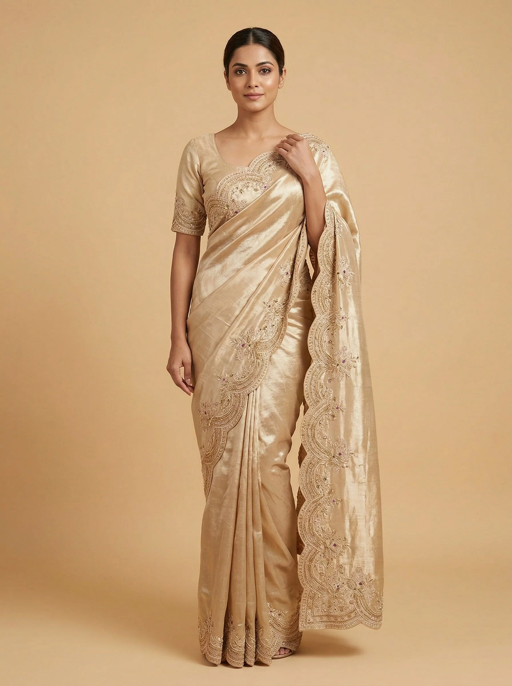Champagne Light Gold Embroidered Saree