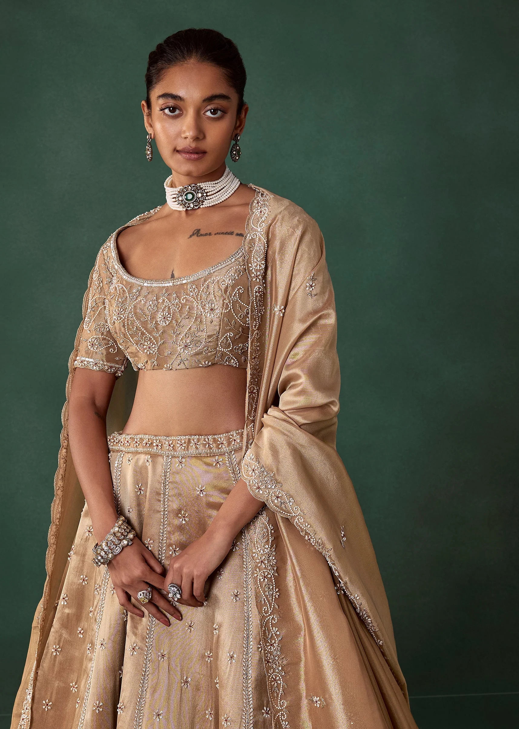 Champagne Silk Cutdana Embroidered Bridal Lehenga Set - Image 5