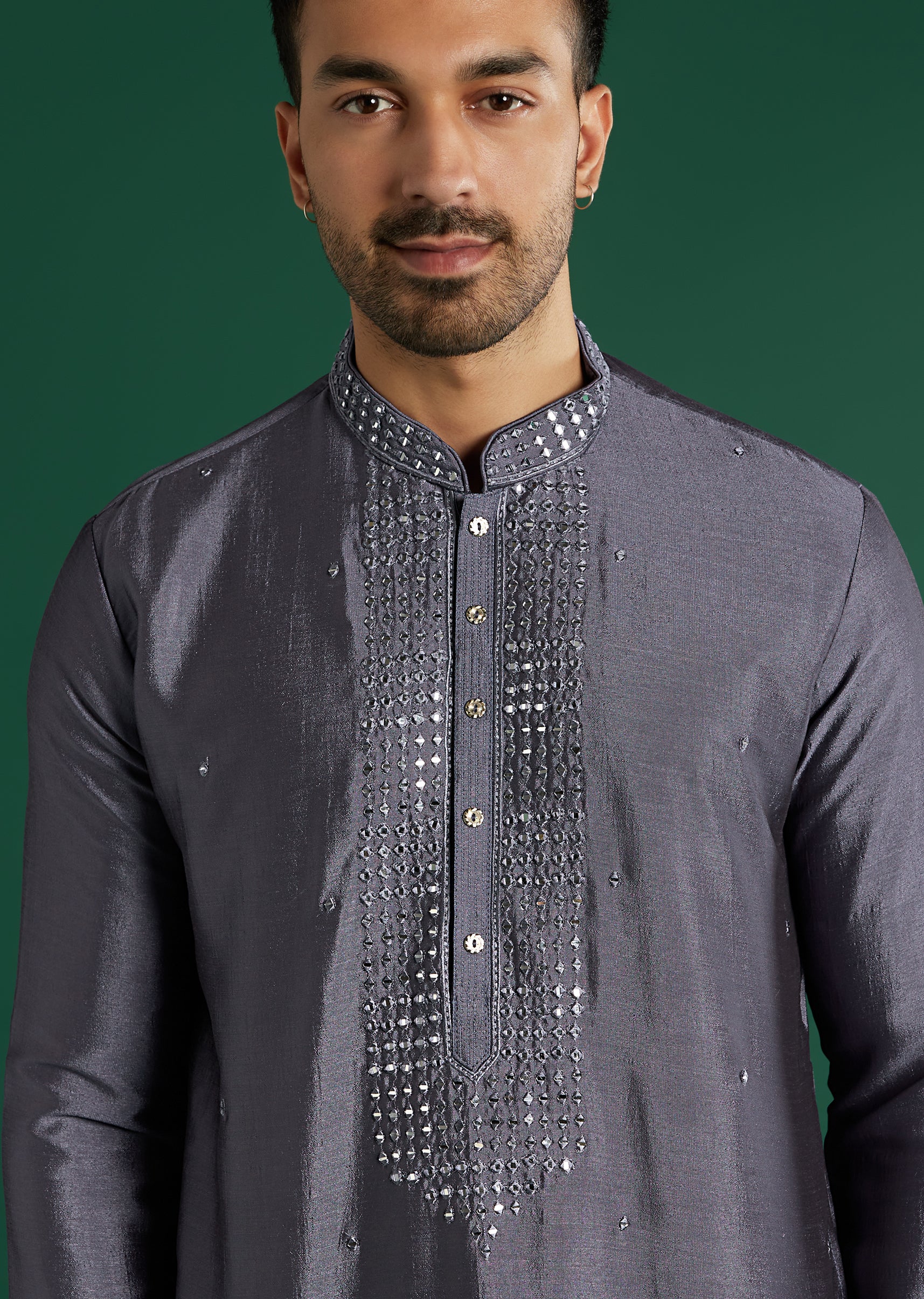 Charcoal Grey Silk Kurta Set For Men With Mirror Work