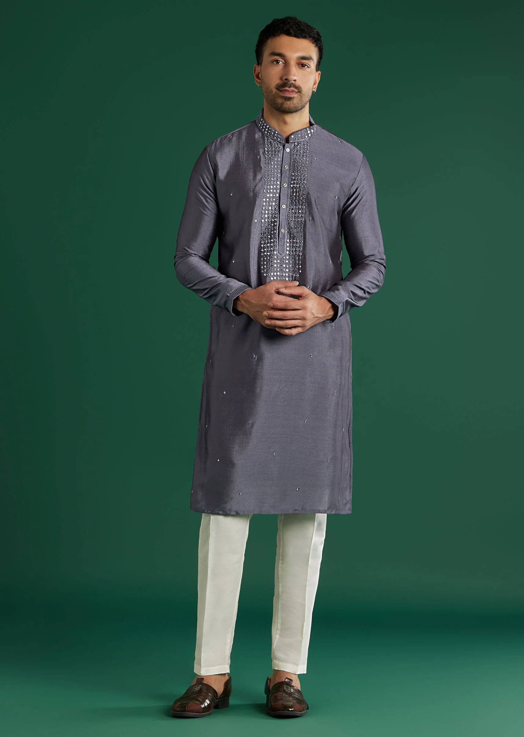 Charcoal Grey Silk Kurta Set For Men With Mirror Work - Image 2