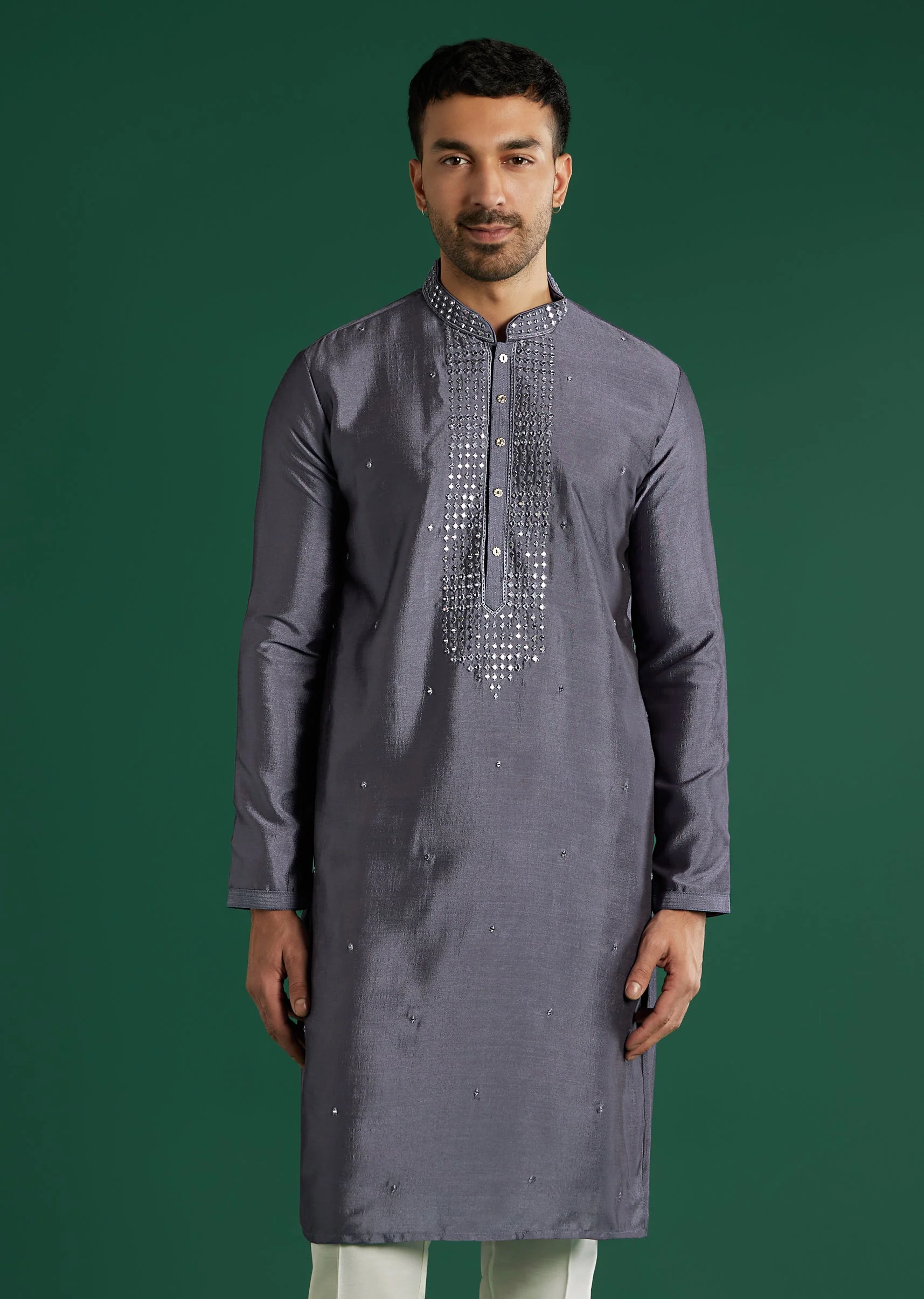 Charcoal Grey Silk Kurta Set For Men With Mirror Work - Image 3