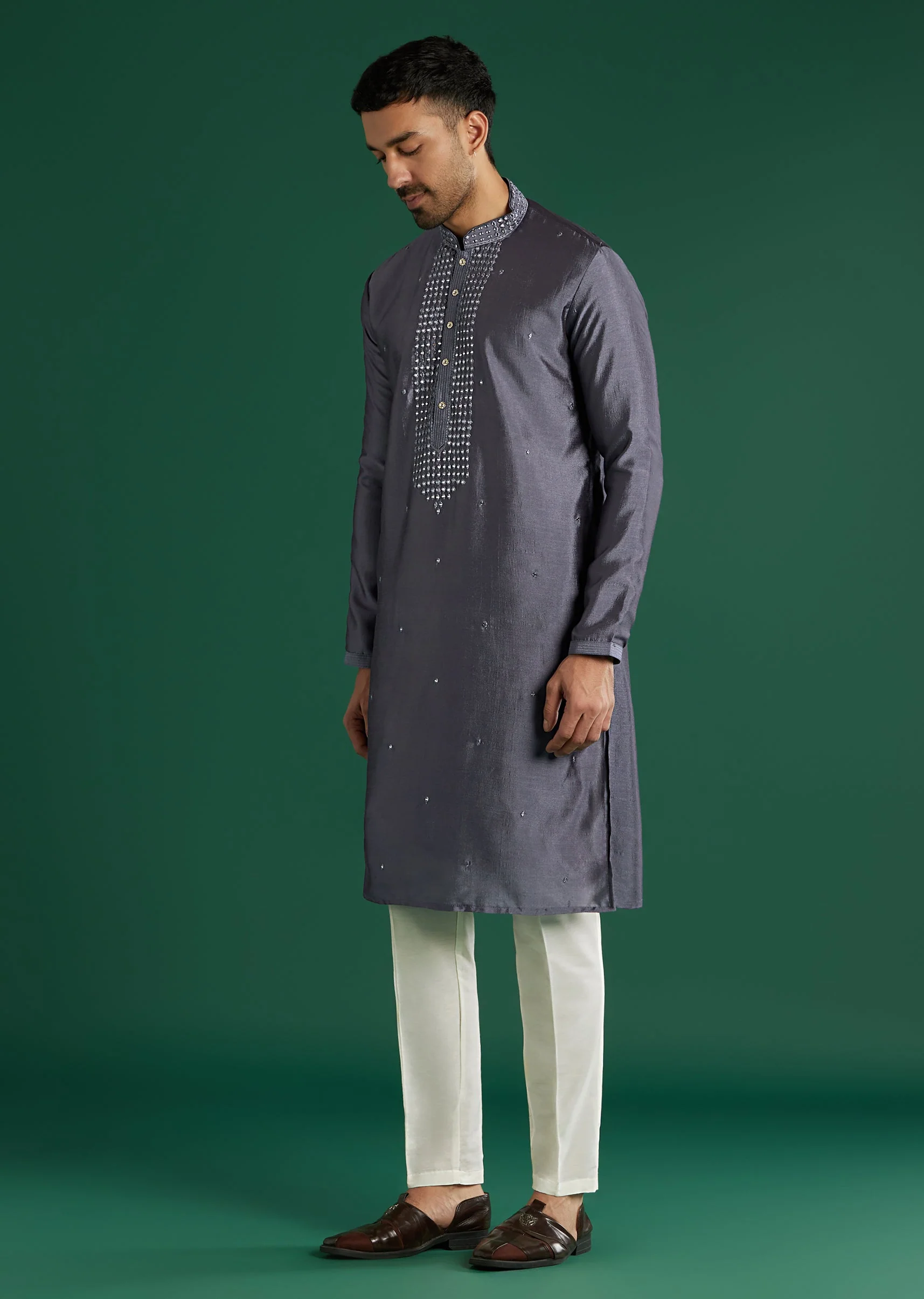 Charcoal Grey Silk Kurta Set For Men With Mirror Work - Image 4