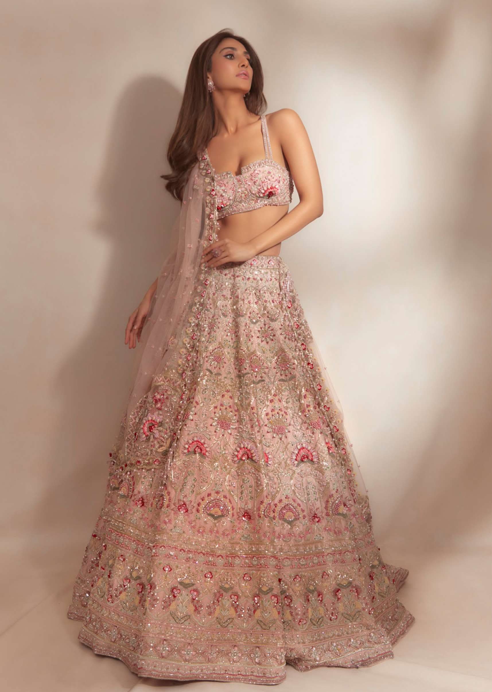 Charm Pink Rumi Lehenga Set In 3D Flower Motifs And Abla Embroidery, Crop Top Comes With The Similar Embroidery - Image 2