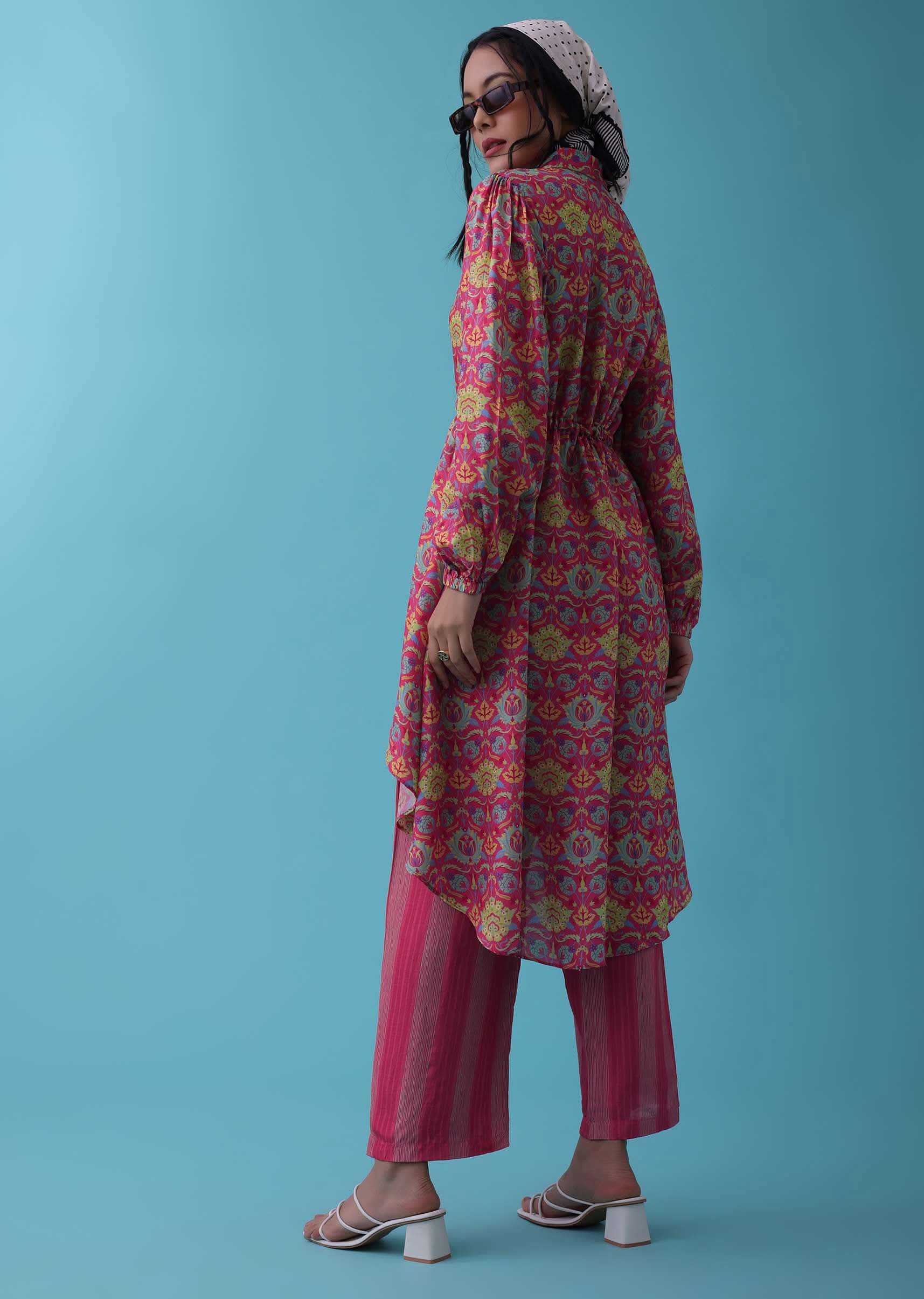 Cherry Pink Floral Printed Co-ord Set In Tussar - RE By Kalki - Image 5
