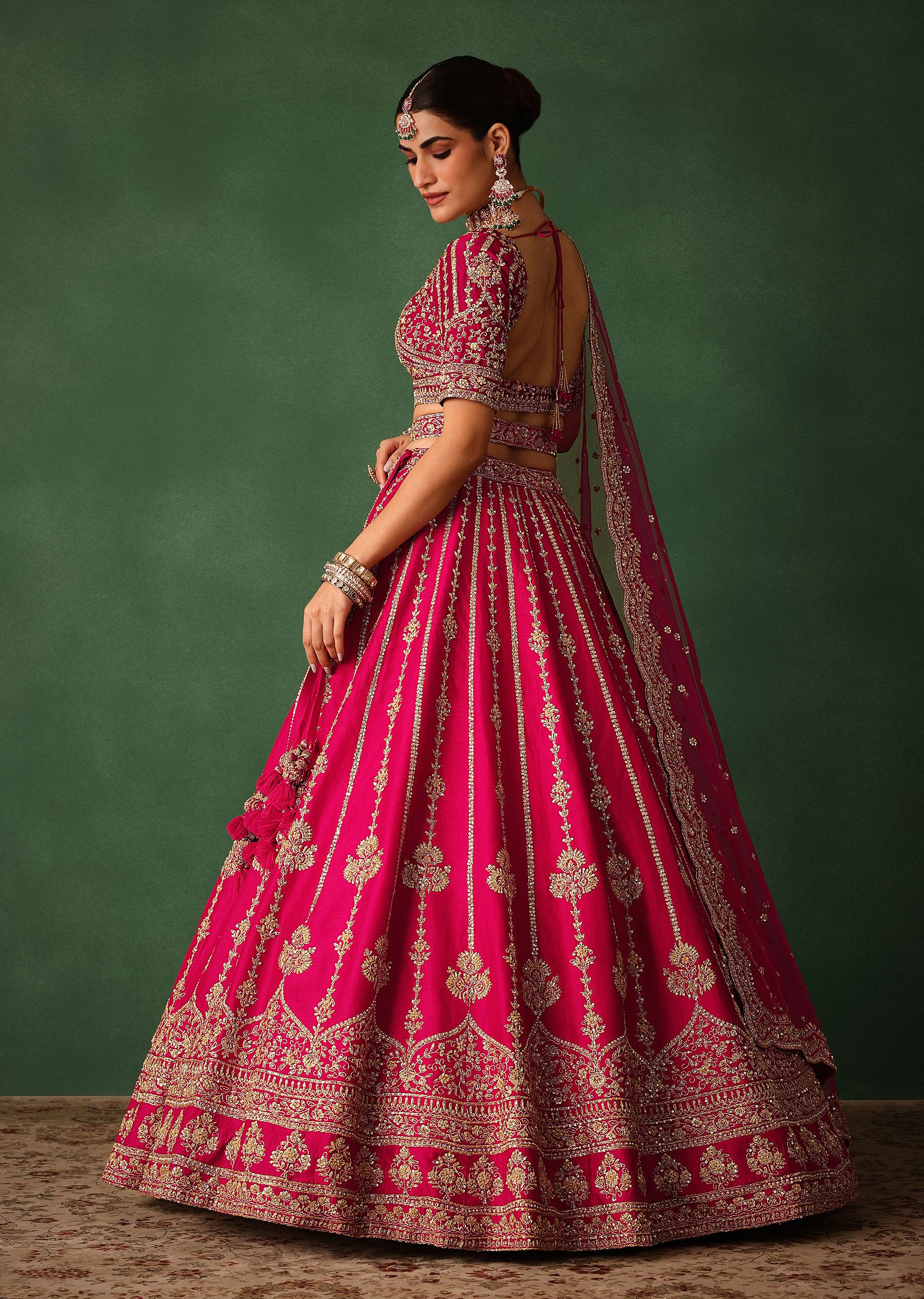 Cherry Red Hand Embroidered Raw Silk Lehenga Set With Dupatta - Image 6