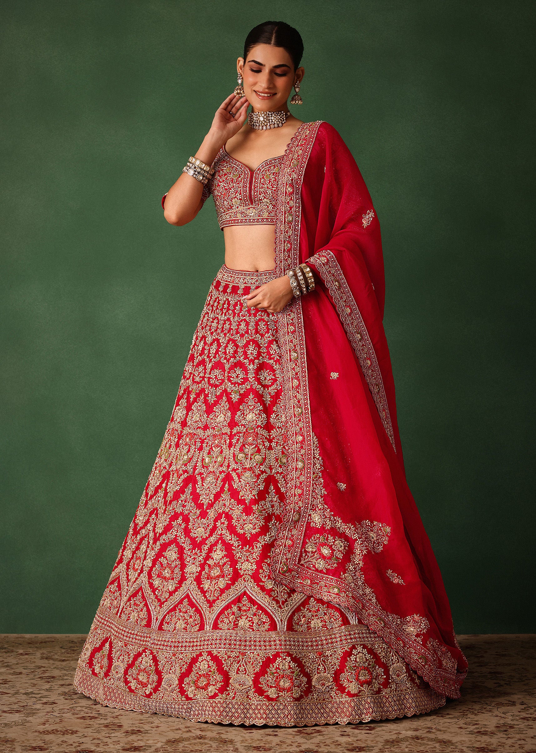 Cherry Red Hand Embroidered Raw Silk Lehenga Set With Net Dupatta - Image 4