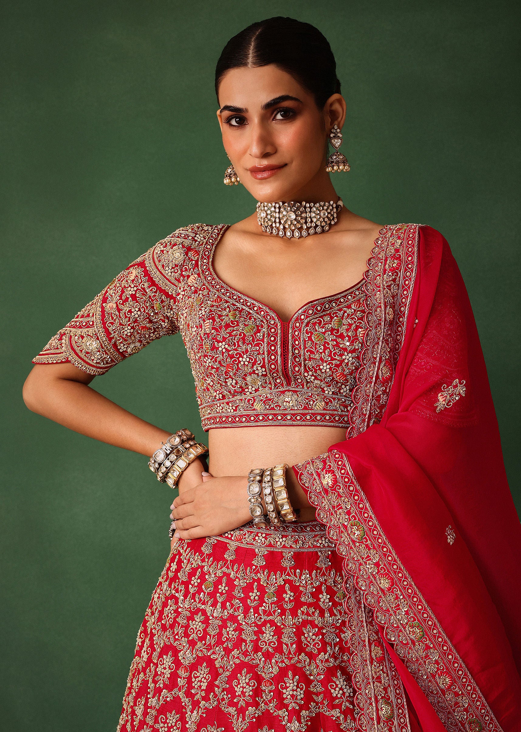 Cherry Red Hand Embroidered Raw Silk Lehenga Set With Net Dupatta - Image 5