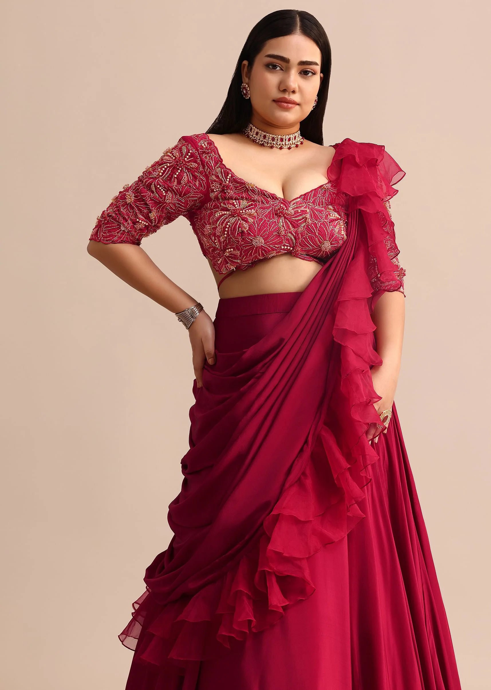 Cherry Red Lehenga With Ruffle Drape - Image 4