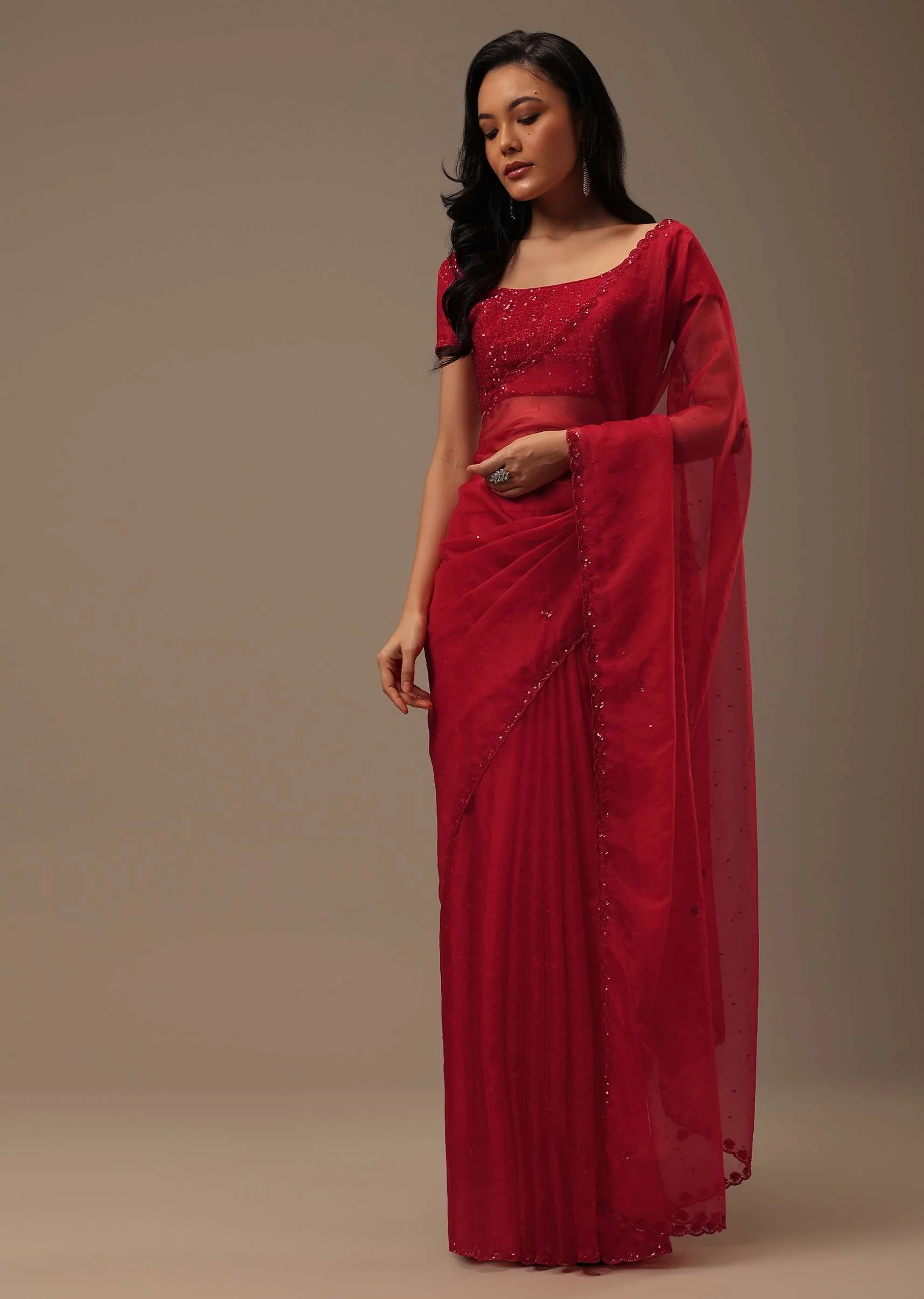 Cherry Red Organza Saree With Cut Dana And Sequins Work - Image 3