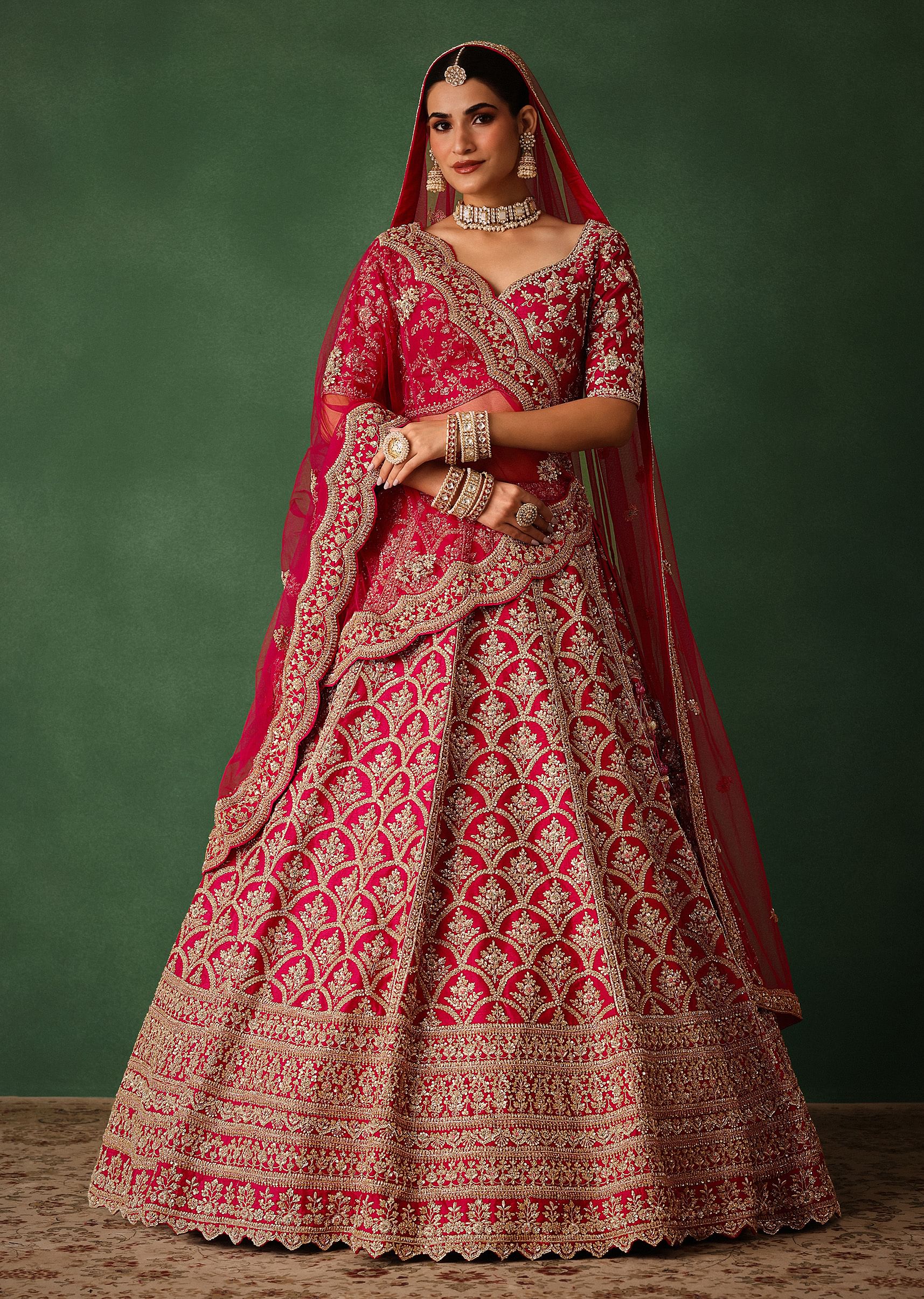 Cherry Red Raw Silk Hand Embroidered Lehenga Set With Net Dupatta - Image 3