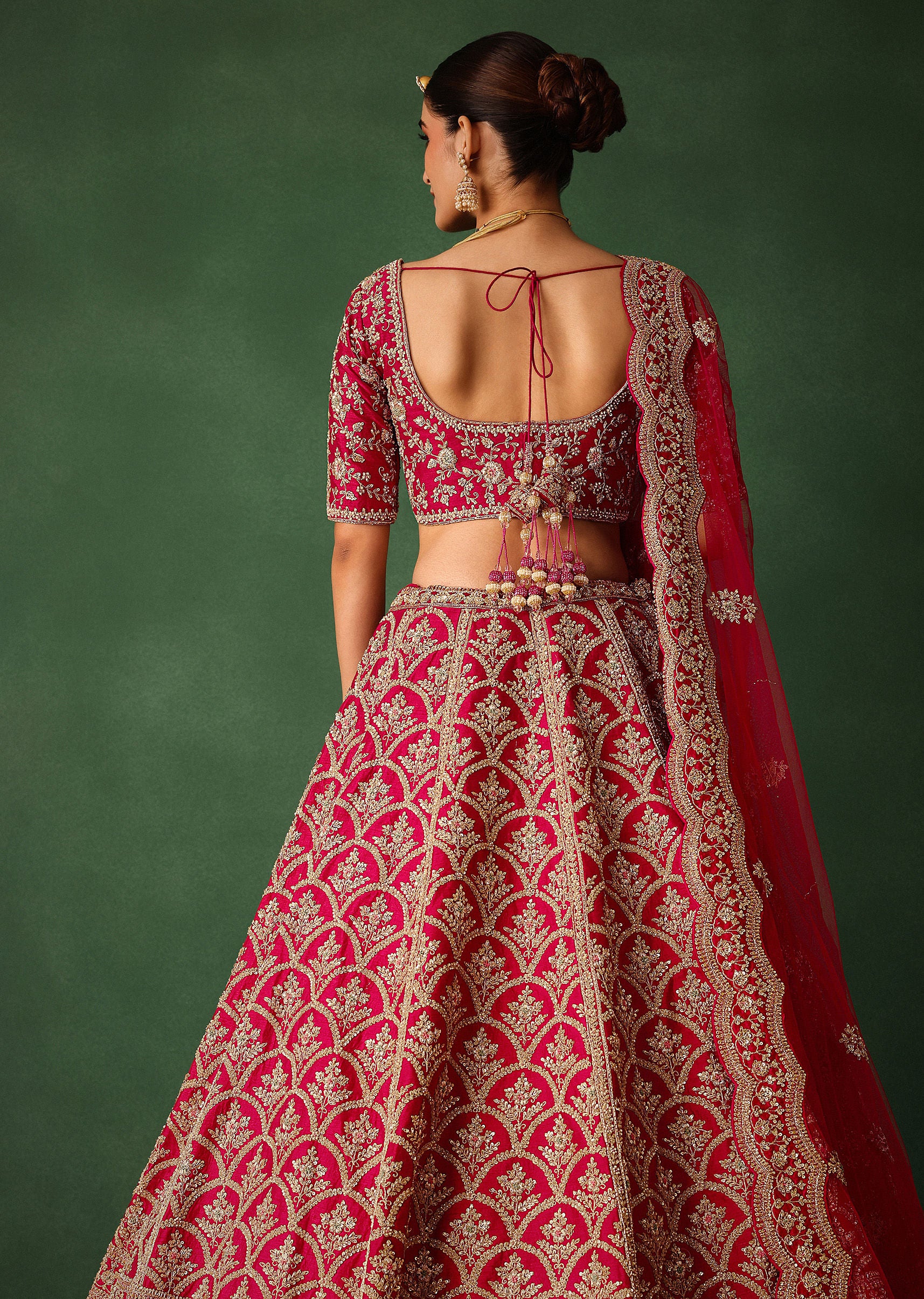 Cherry Red Raw Silk Hand Embroidered Lehenga Set With Net Dupatta - Image 4