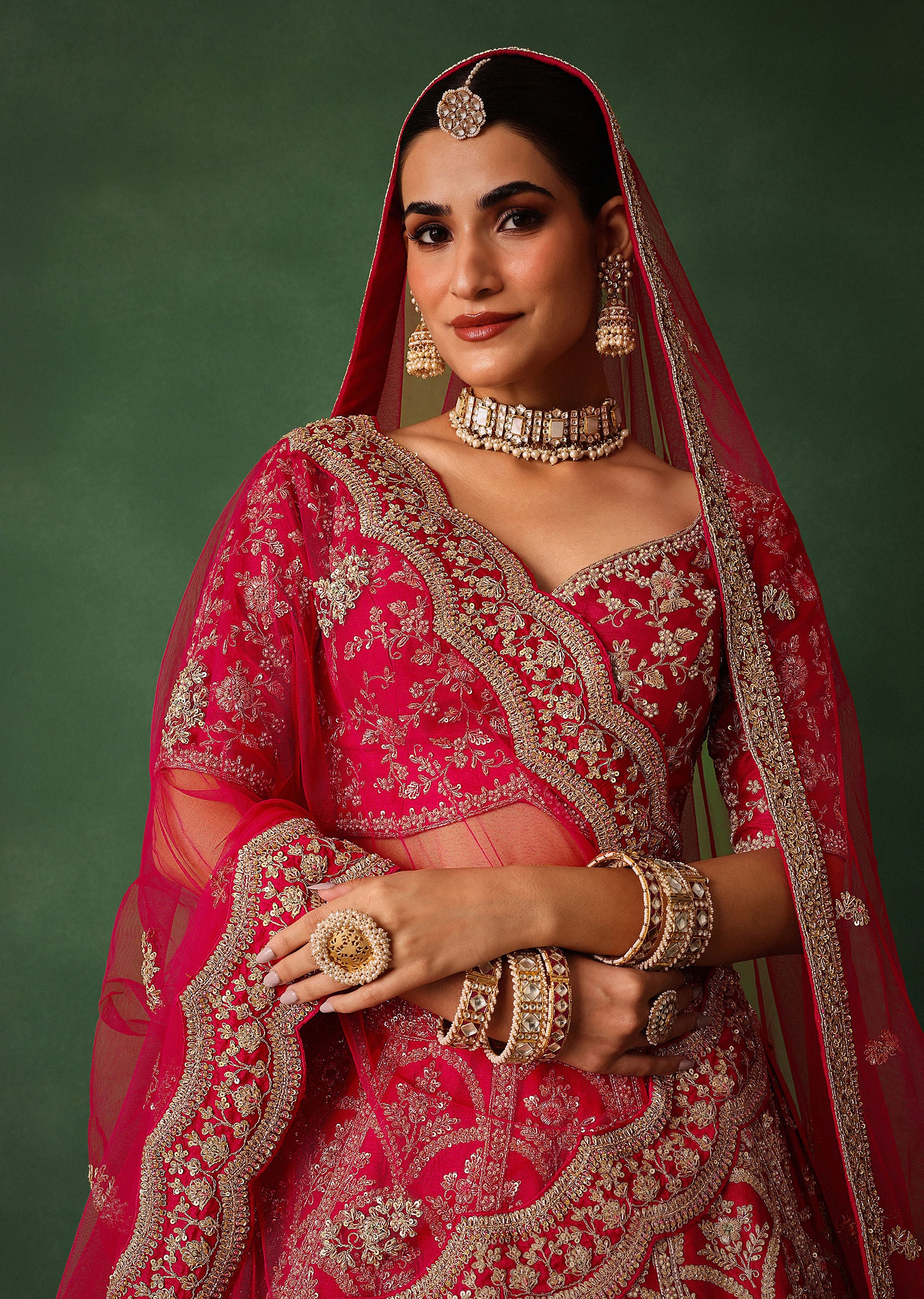 Cherry Red Raw Silk Hand Embroidered Lehenga Set With Net Dupatta - Image 5