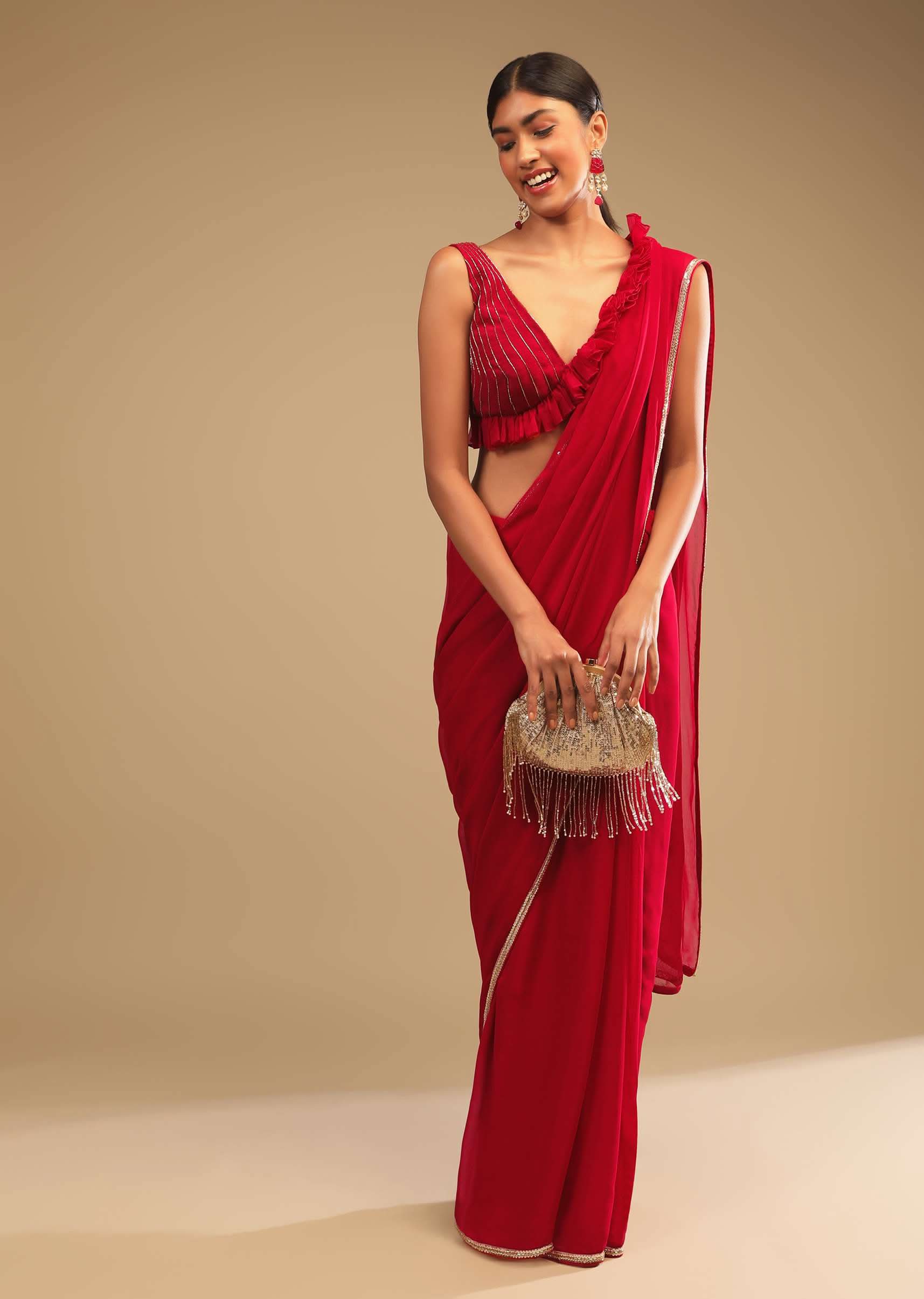 Cherry Red Saree In Georgette With Sequins And Cut Dana Embellished Border And A Ruffle Frill Adorned Crop Top - Image 3