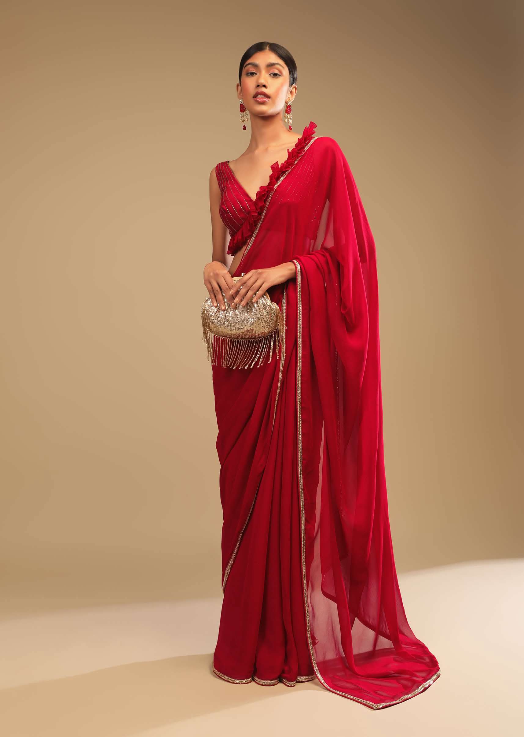 Cherry Red Saree In Georgette With Sequins And Cut Dana Embellished Border And A Ruffle Frill Adorned Crop Top - Image 4