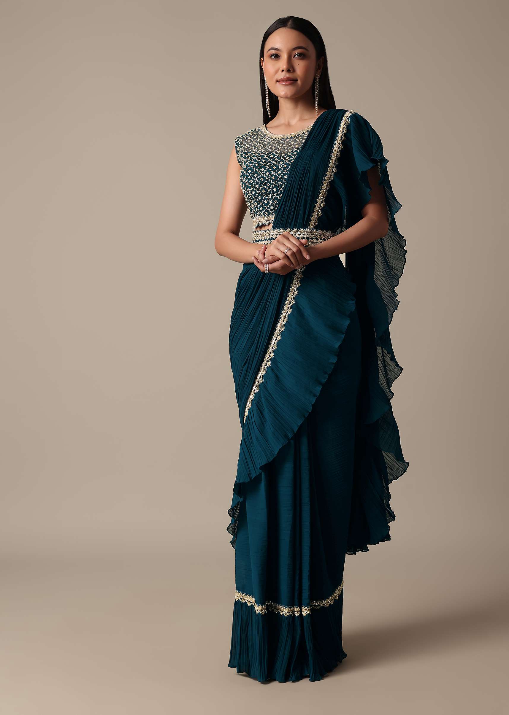 Chic Blue Readymade Saree With Ready Made Blouse - Image 3