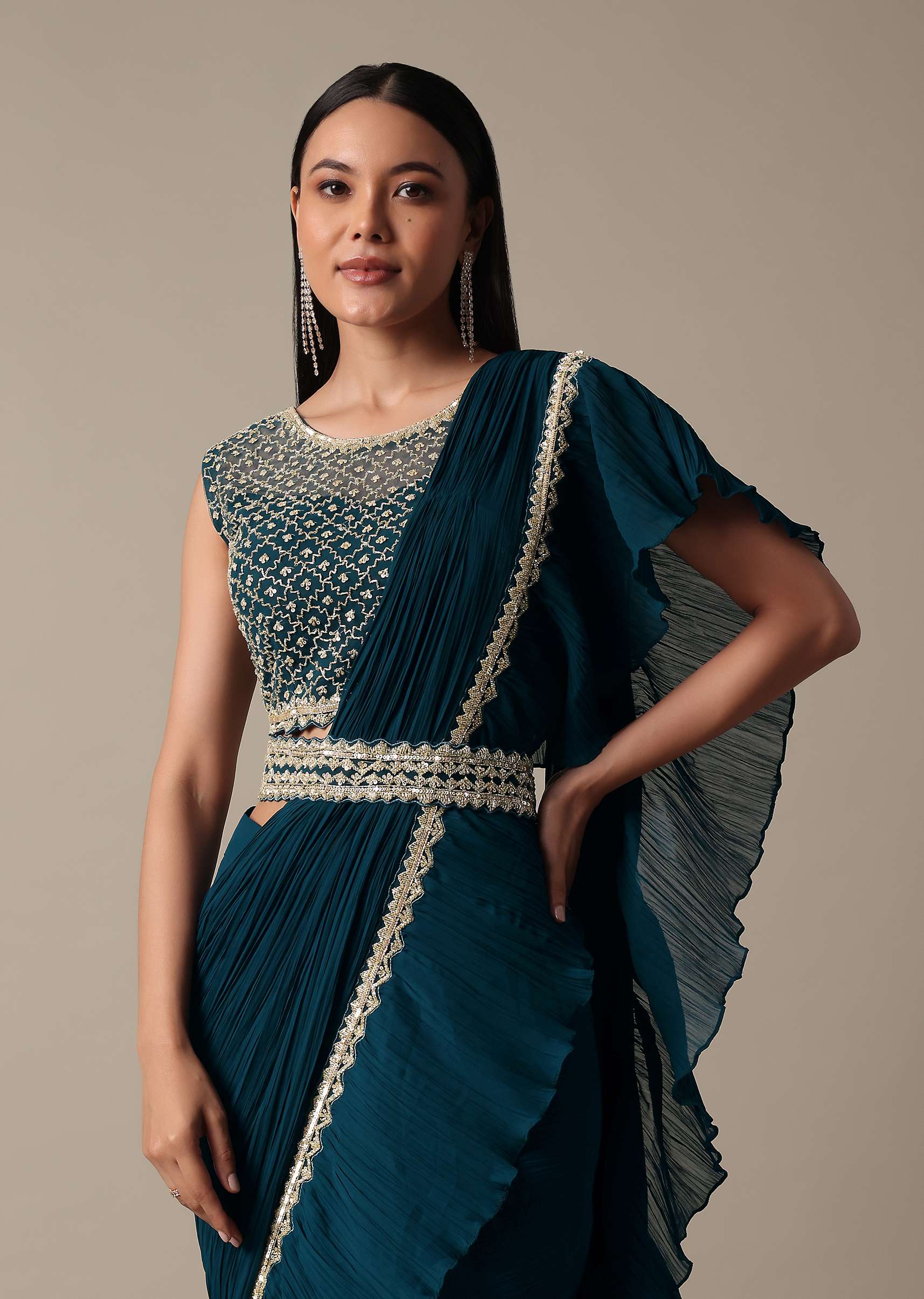 Chic Blue Readymade Saree With Ready Made Blouse - Image 4