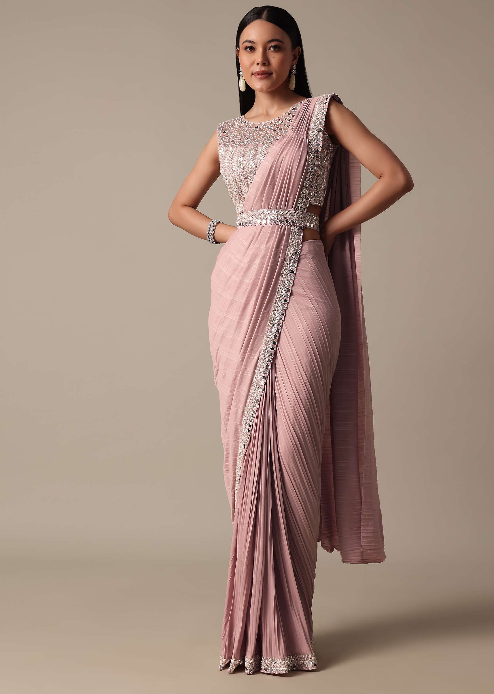 Chic Pink Ready To Wear Saree With Blouse - Image 3
