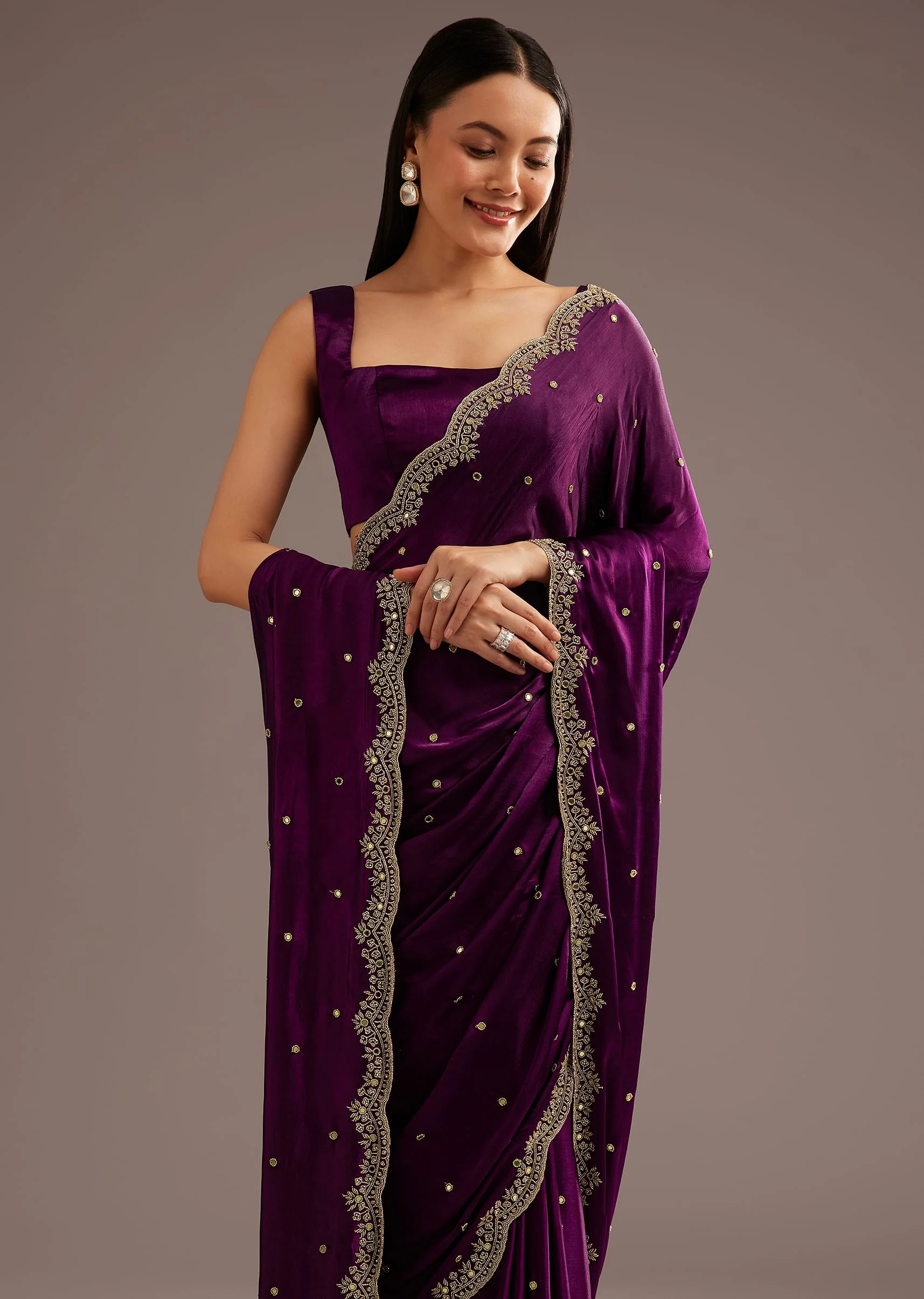 Chinon Satin Saree With Cutdana And Mirror Embellishment - Image 2