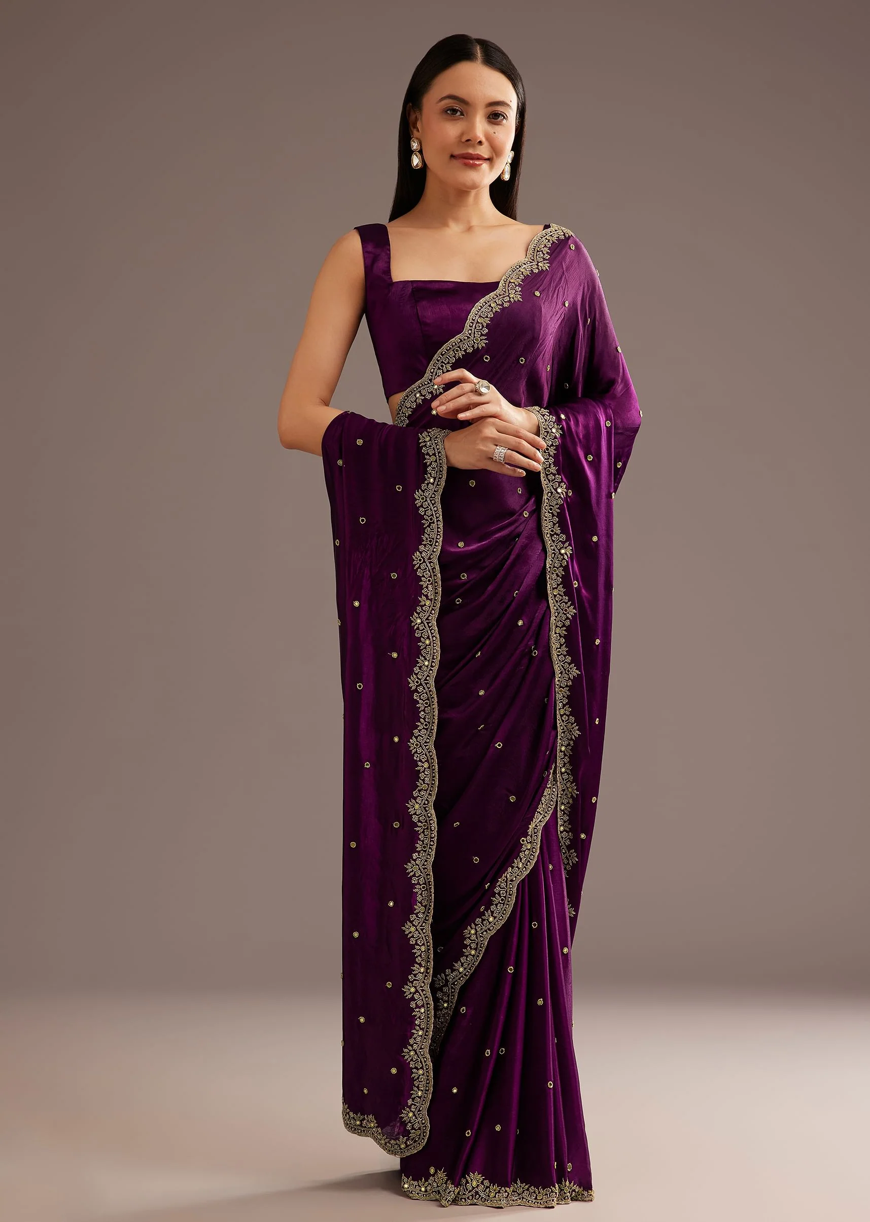Chinon Satin Saree With Cutdana And Mirror Embellishment - Image 3