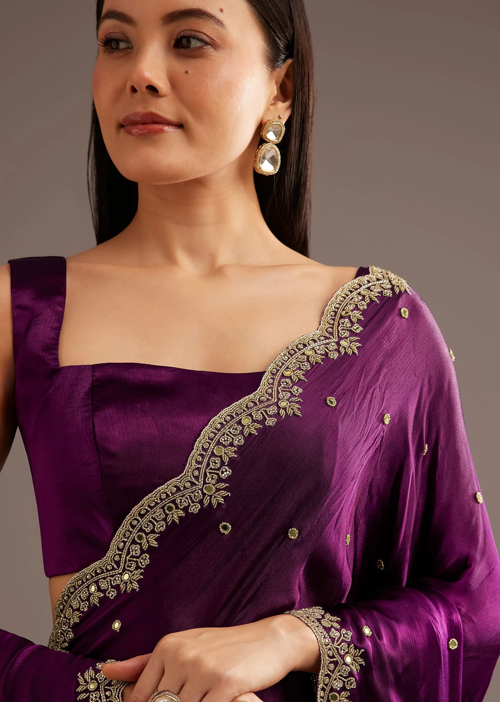 Chinon Satin Saree With Cutdana And Mirror Embellishment - Image 5