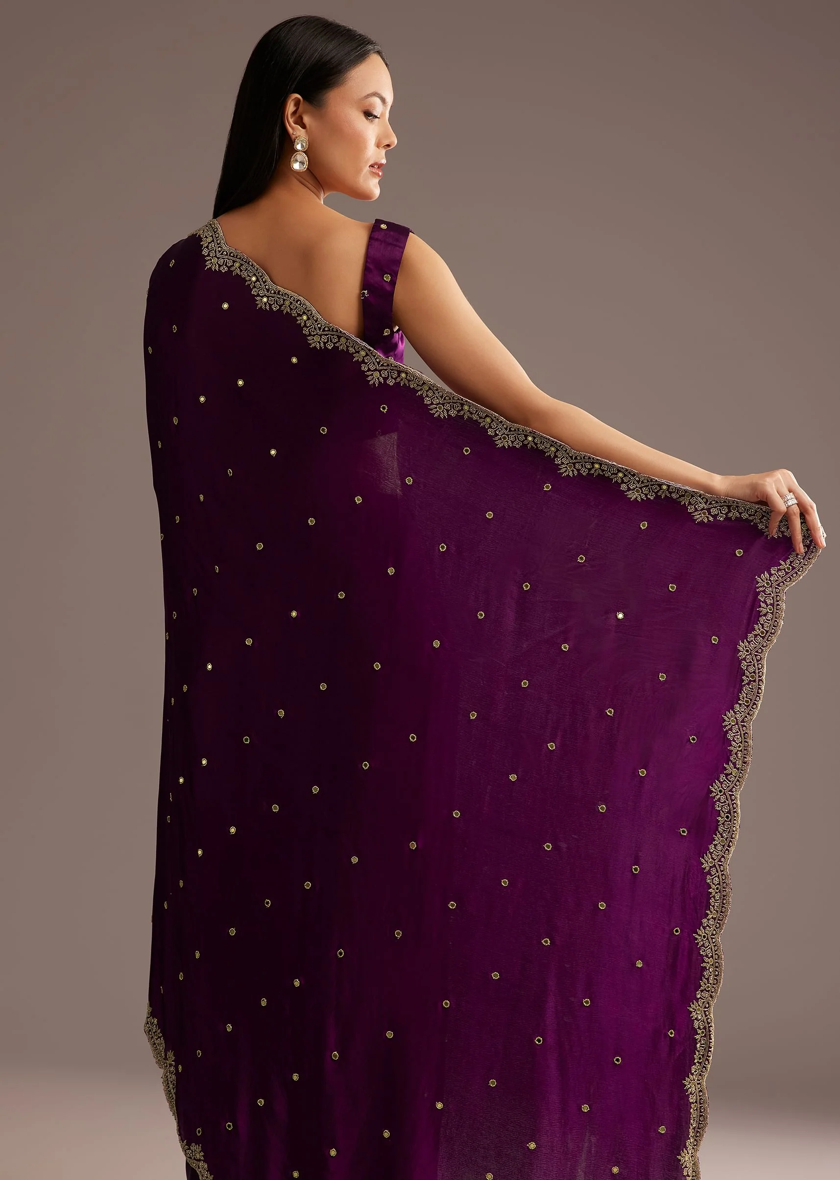 Chinon Satin Saree With Cutdana And Mirror Embellishment - Image 6
