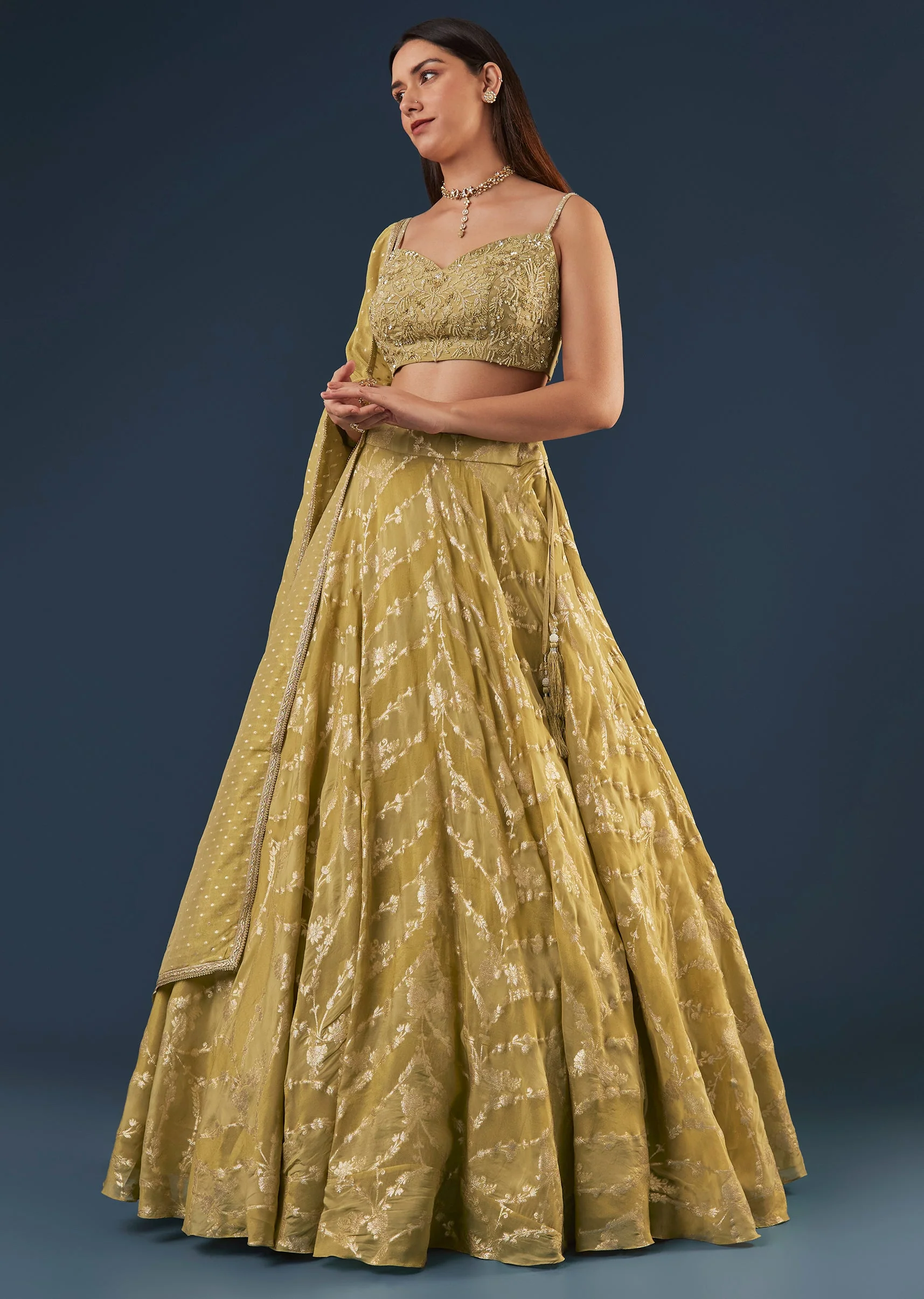 Citrus Green Banarasi Lehenga Set With Sequin And Lace Detailing