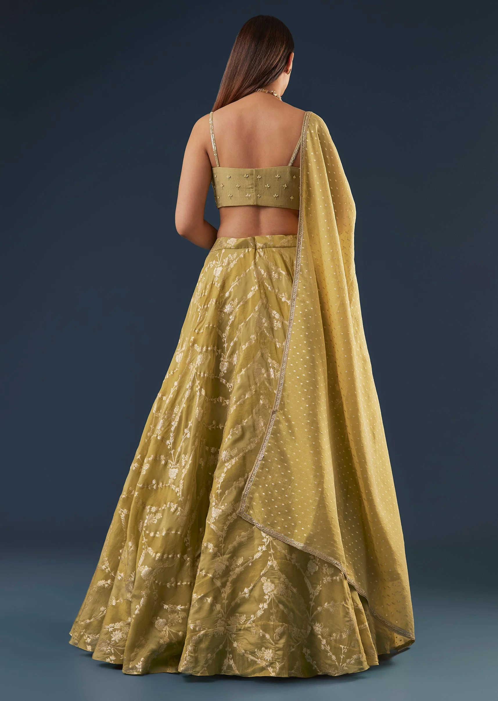 Citrus Green Banarasi Lehenga Set With Sequin And Lace Detailing - Image 2