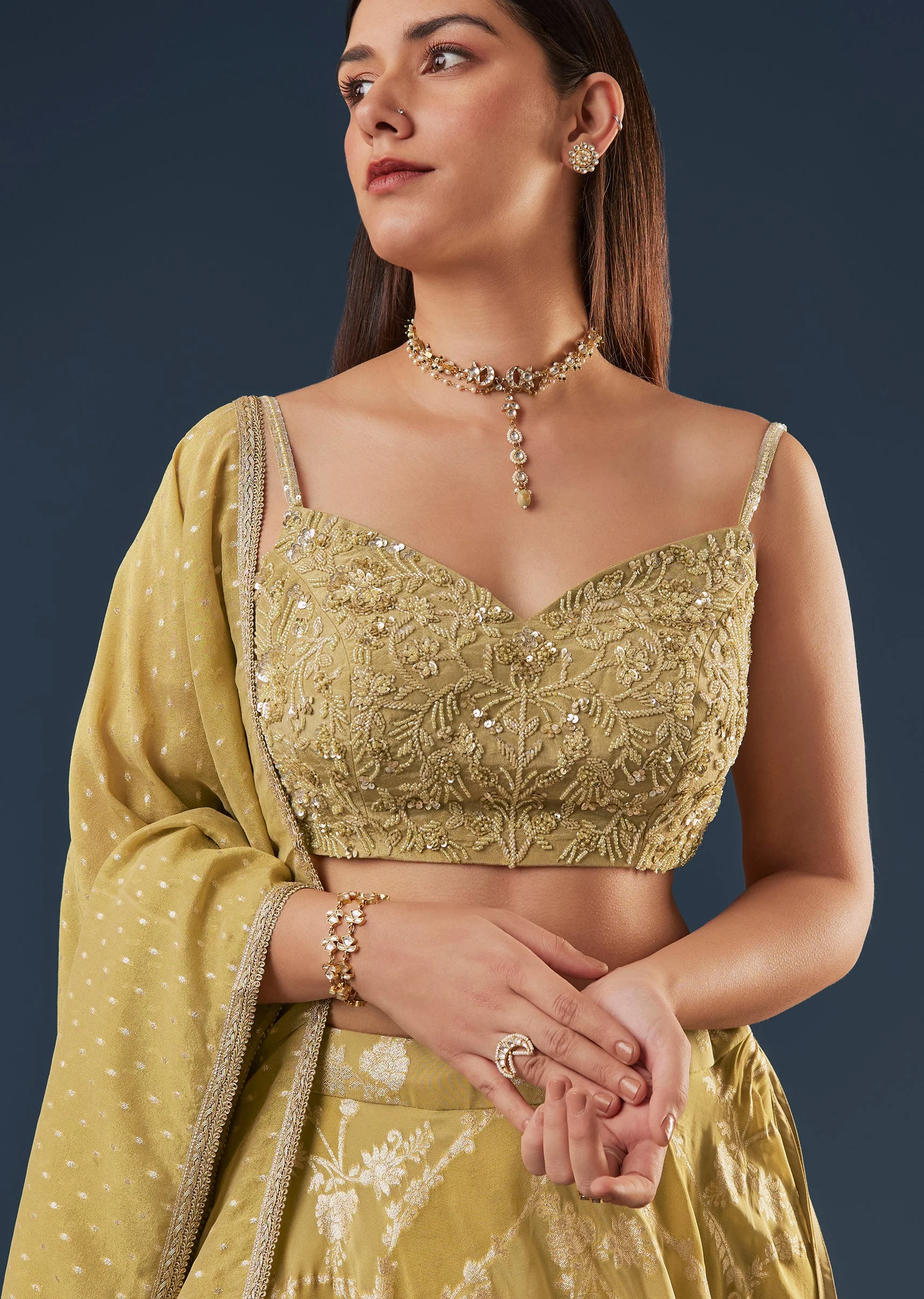 Citrus Green Banarasi Lehenga Set With Sequin And Lace Detailing - Image 3