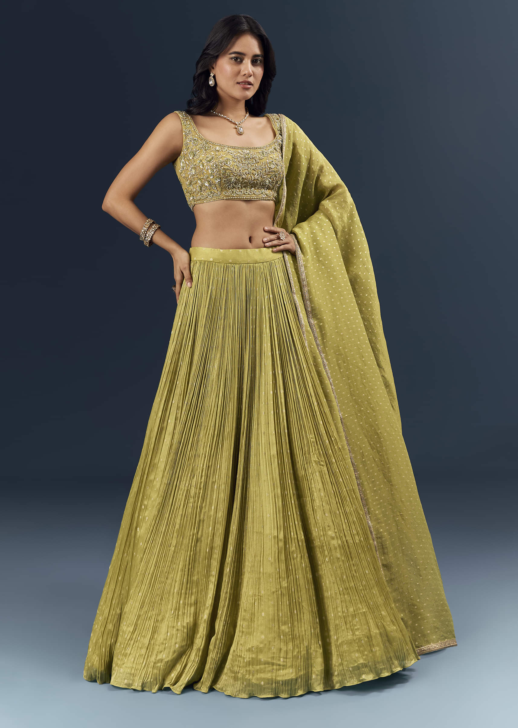 Citrus Green Banarasi Silk Bridesmaid Lehenga With Delicate Hand Embroidery - Image 4