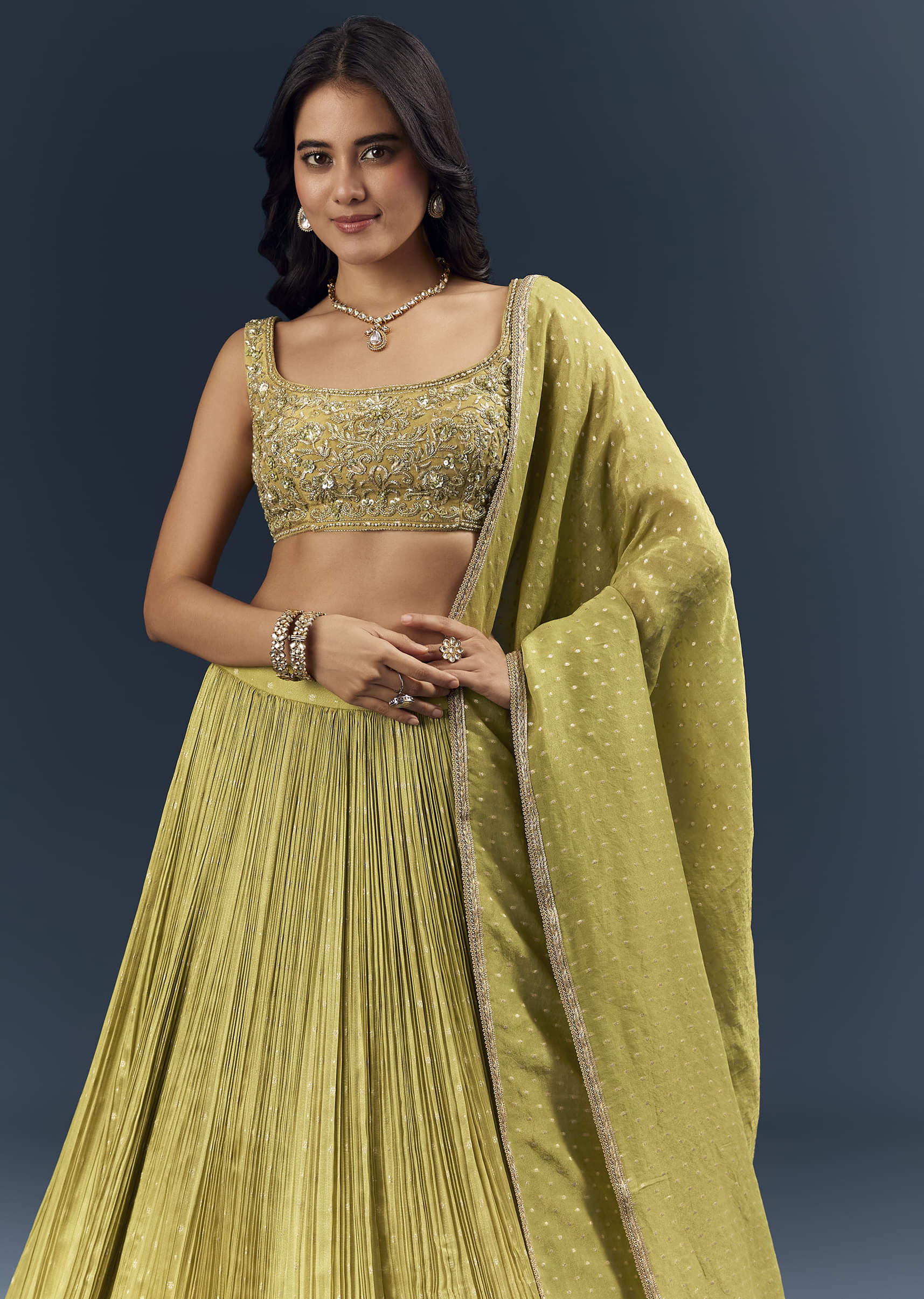 Citrus Green Banarasi Silk Bridesmaid Lehenga With Delicate Hand Embroidery - Image 5