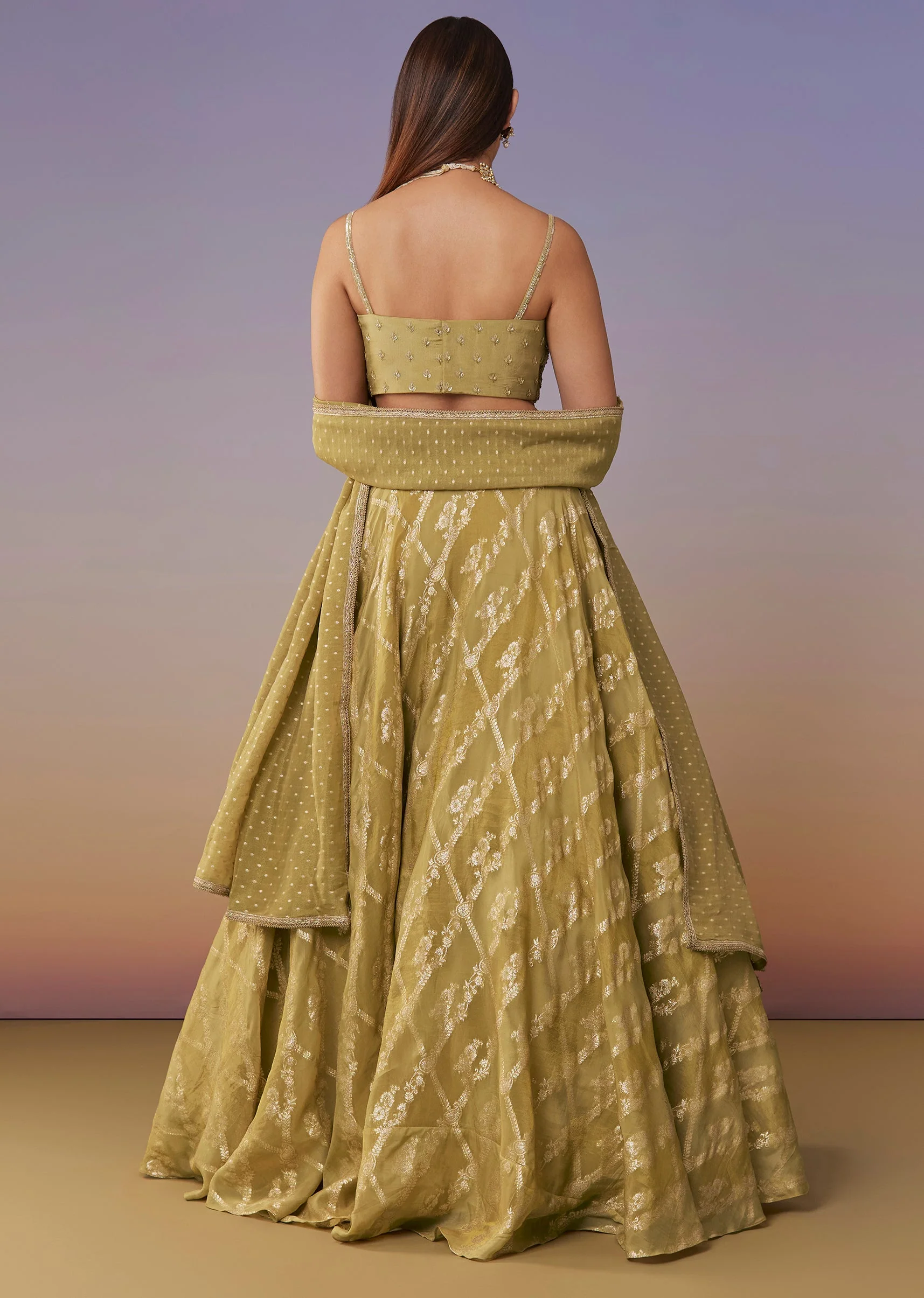 Citrus Green Banarasi Silk Lehenga Set With Sequins And Bead Detailing - Image 2