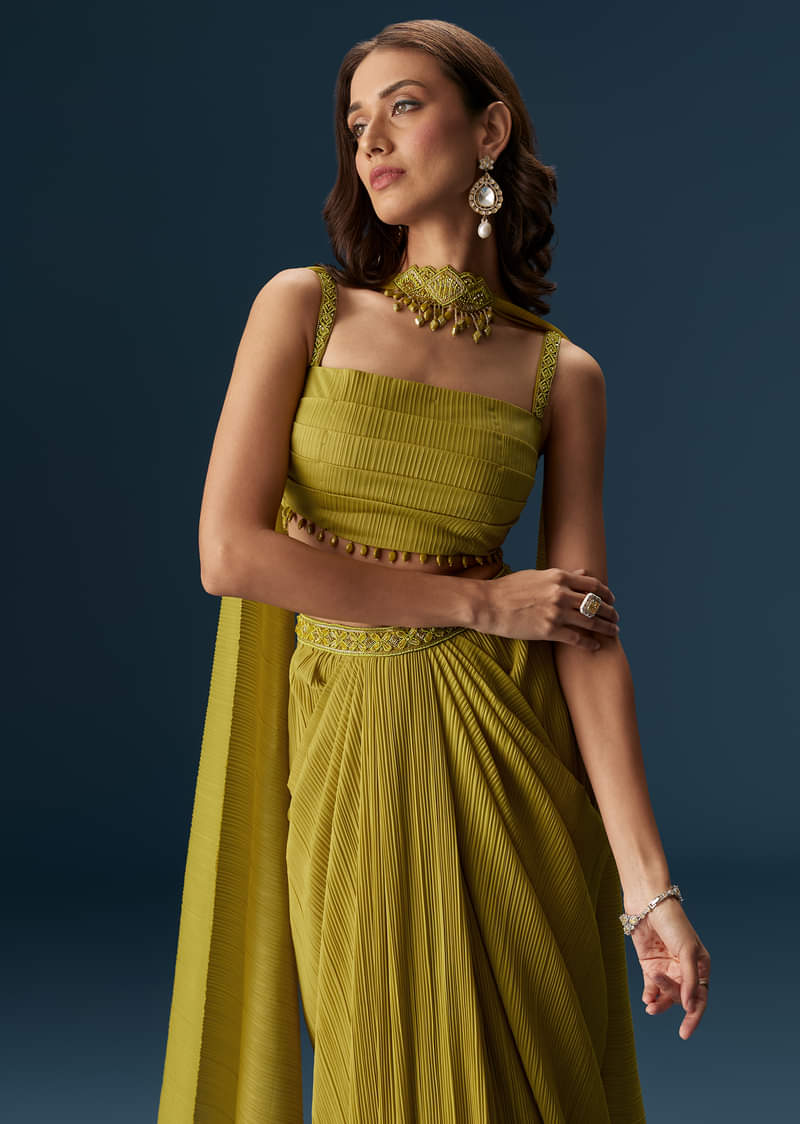 Citrus Green Drape Skirt With Pleated Bustier And Choker Style Dupatta - Image 5