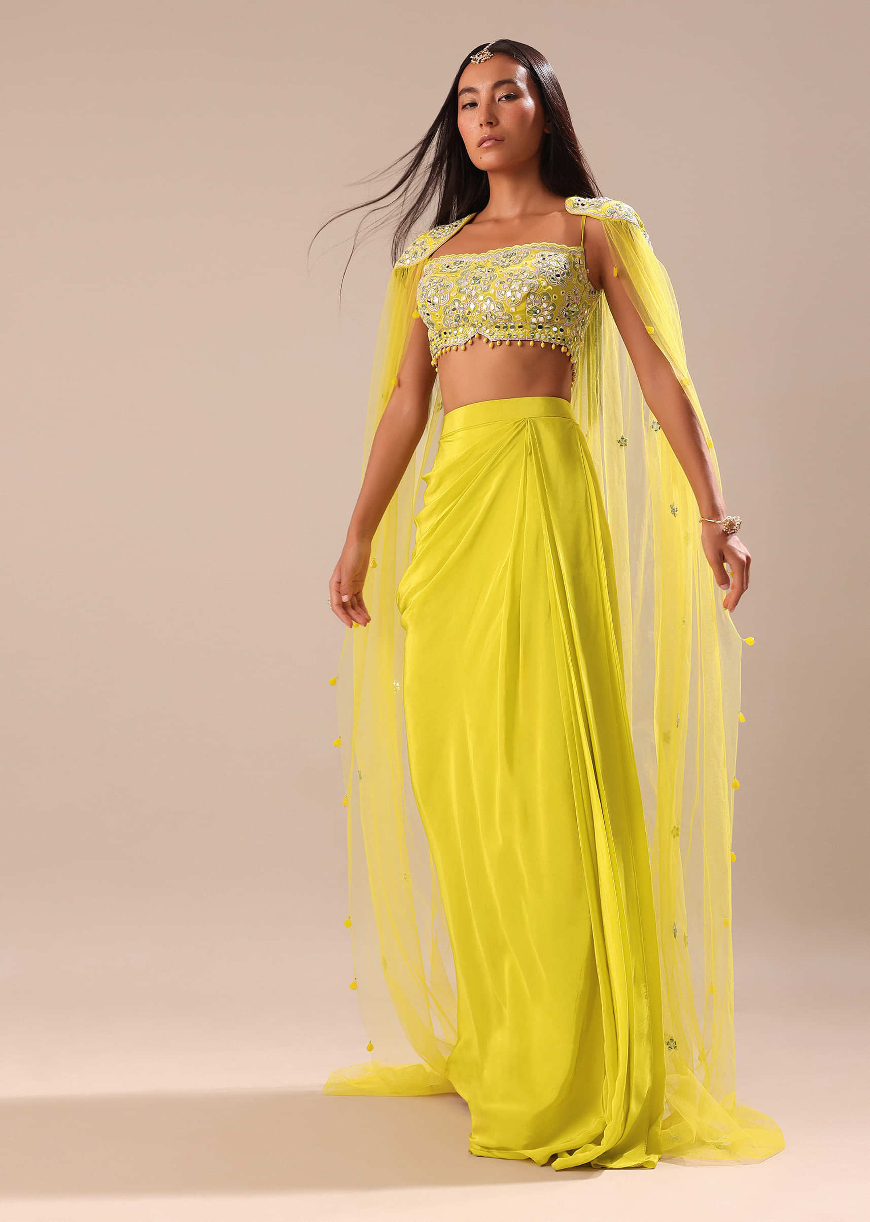 Citrus Green Draped Skirt With Embroidered Blouse And Cape - Image 3
