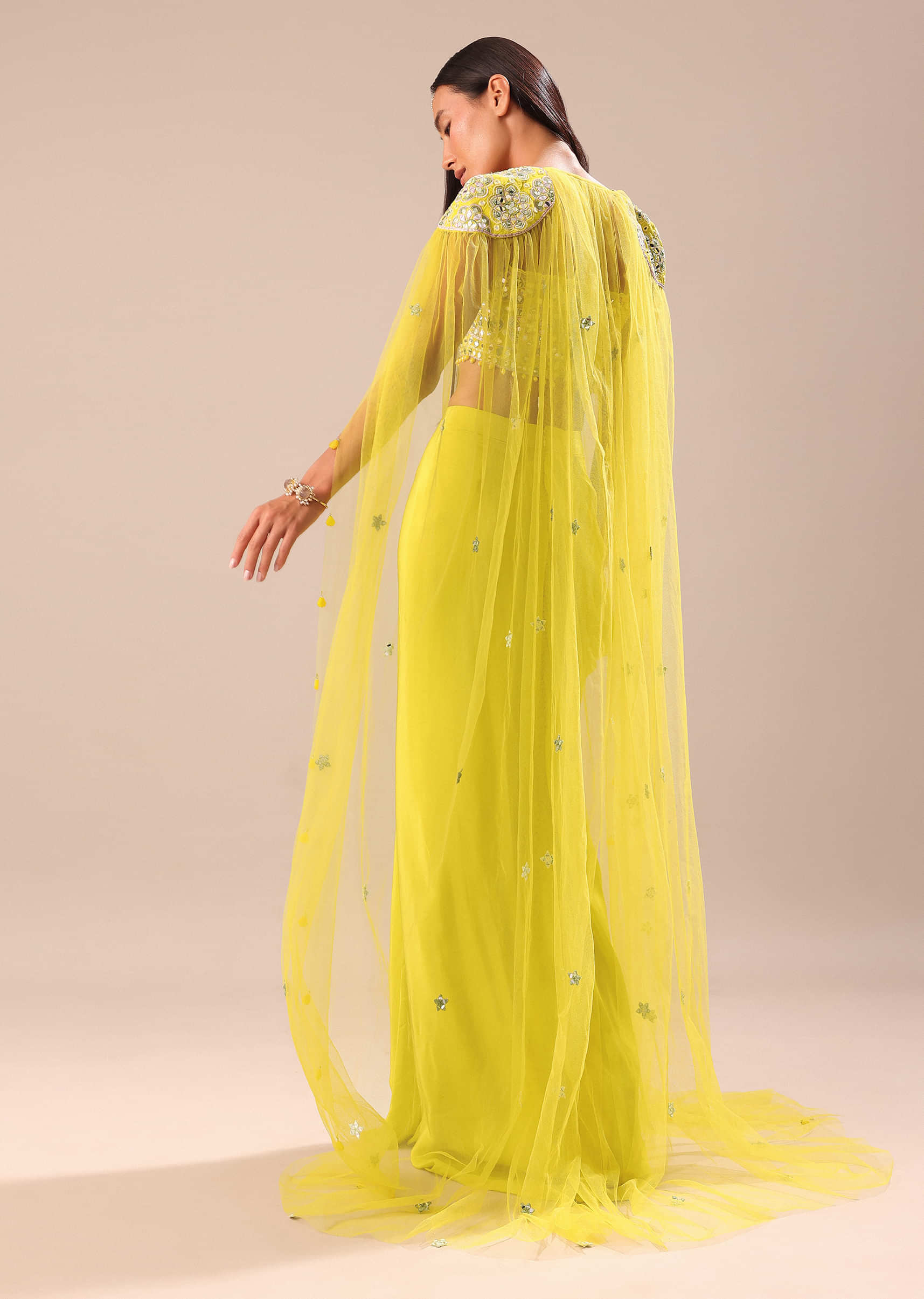 Citrus Green Draped Skirt With Embroidered Blouse And Cape - Image 5