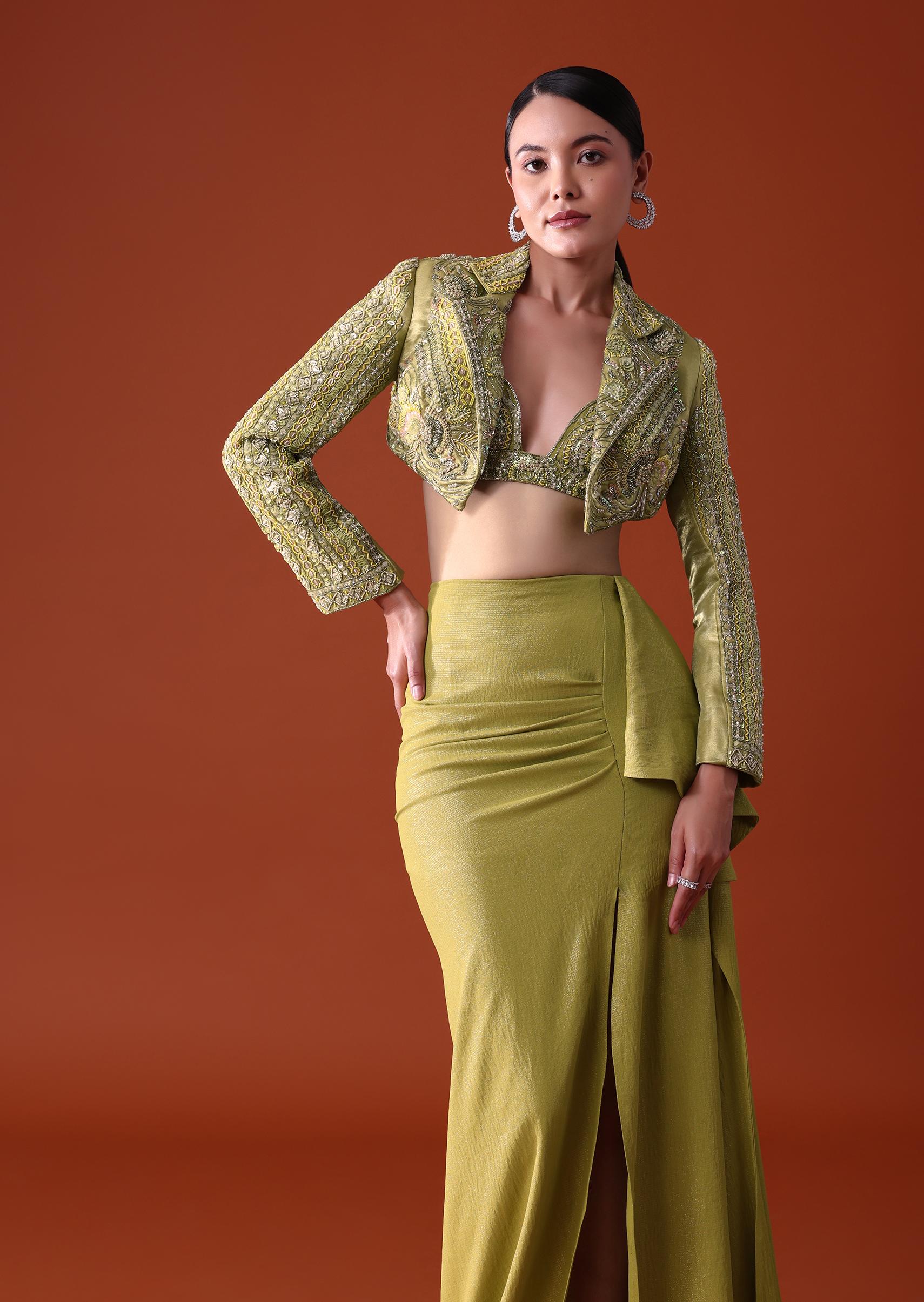 Citrus Green Draped Slit Skirt With Embroidered Short Jacket - Image 2