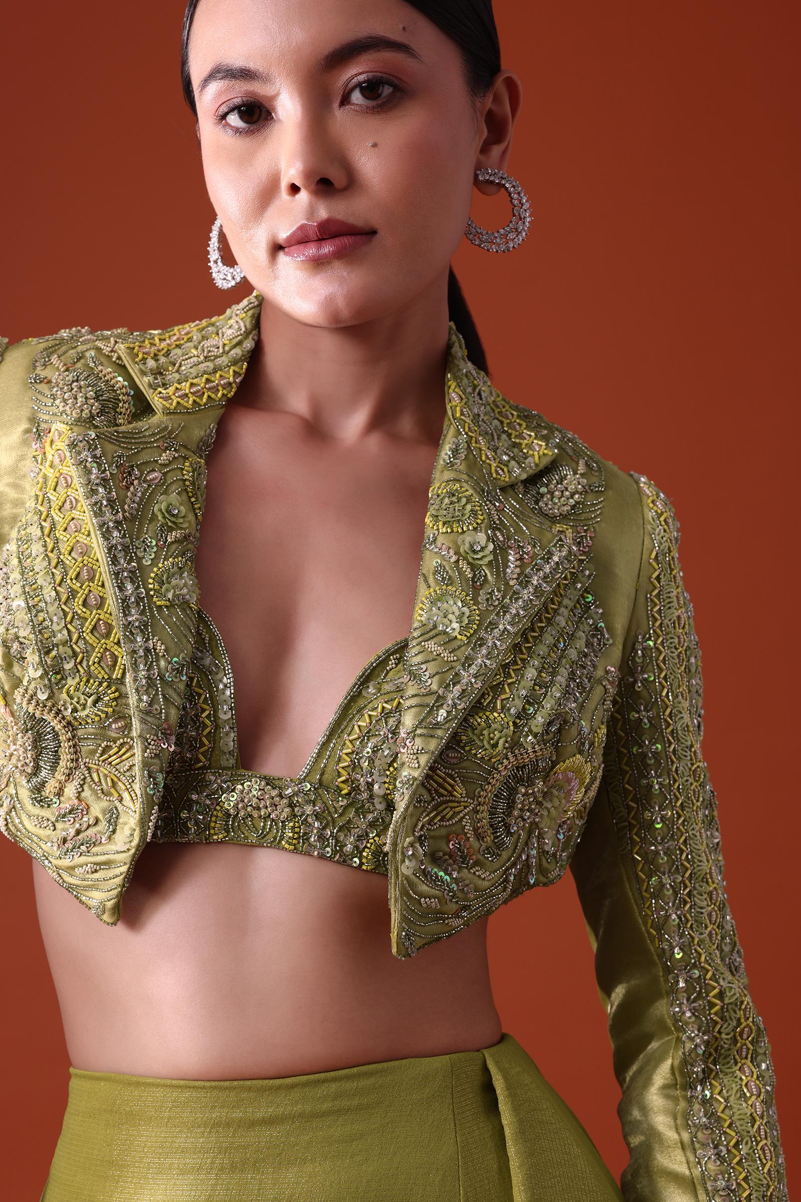 Citrus Green Draped Slit Skirt With Embroidered Short Jacket - Image 3