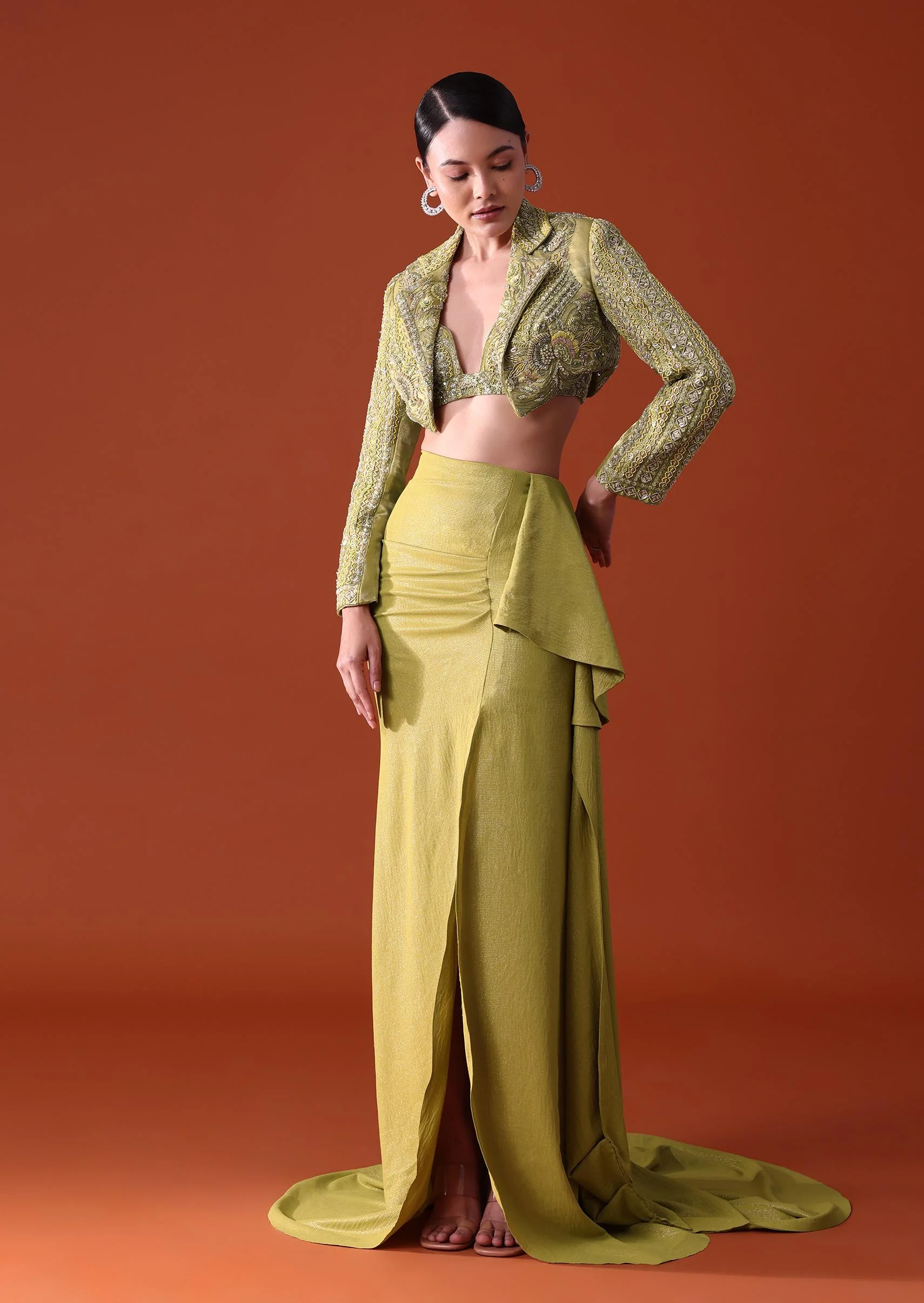 Citrus Green Draped Slit Skirt With Embroidered Short Jacket - Image 4