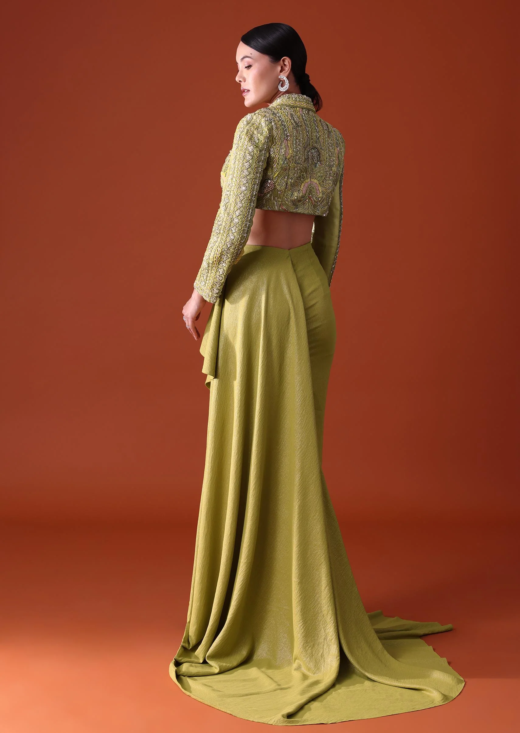 Citrus Green Draped Slit Skirt With Embroidered Short Jacket - Image 6