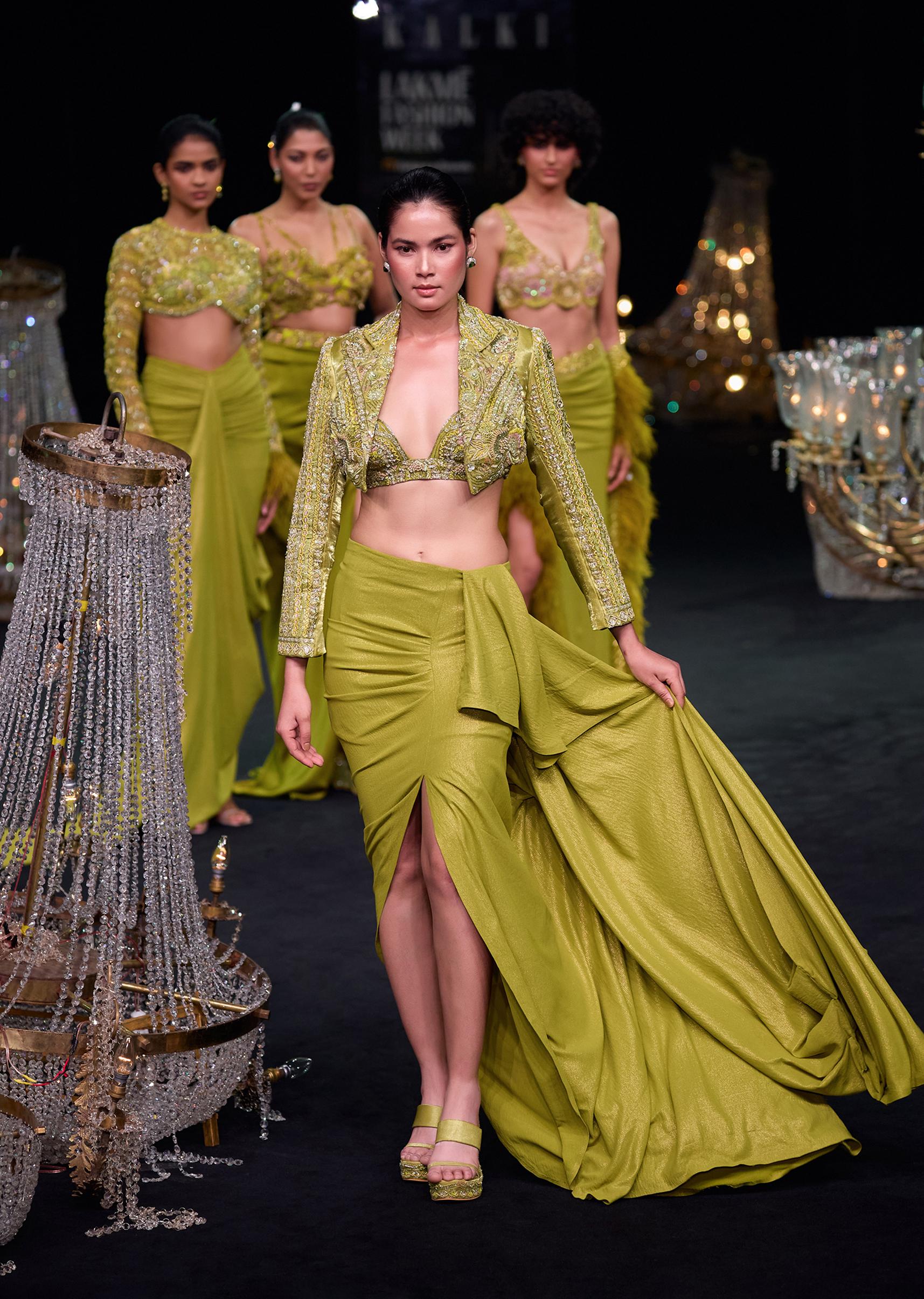 Citrus Green Draped Slit Skirt With Embroidered Short Jacket - Image 7