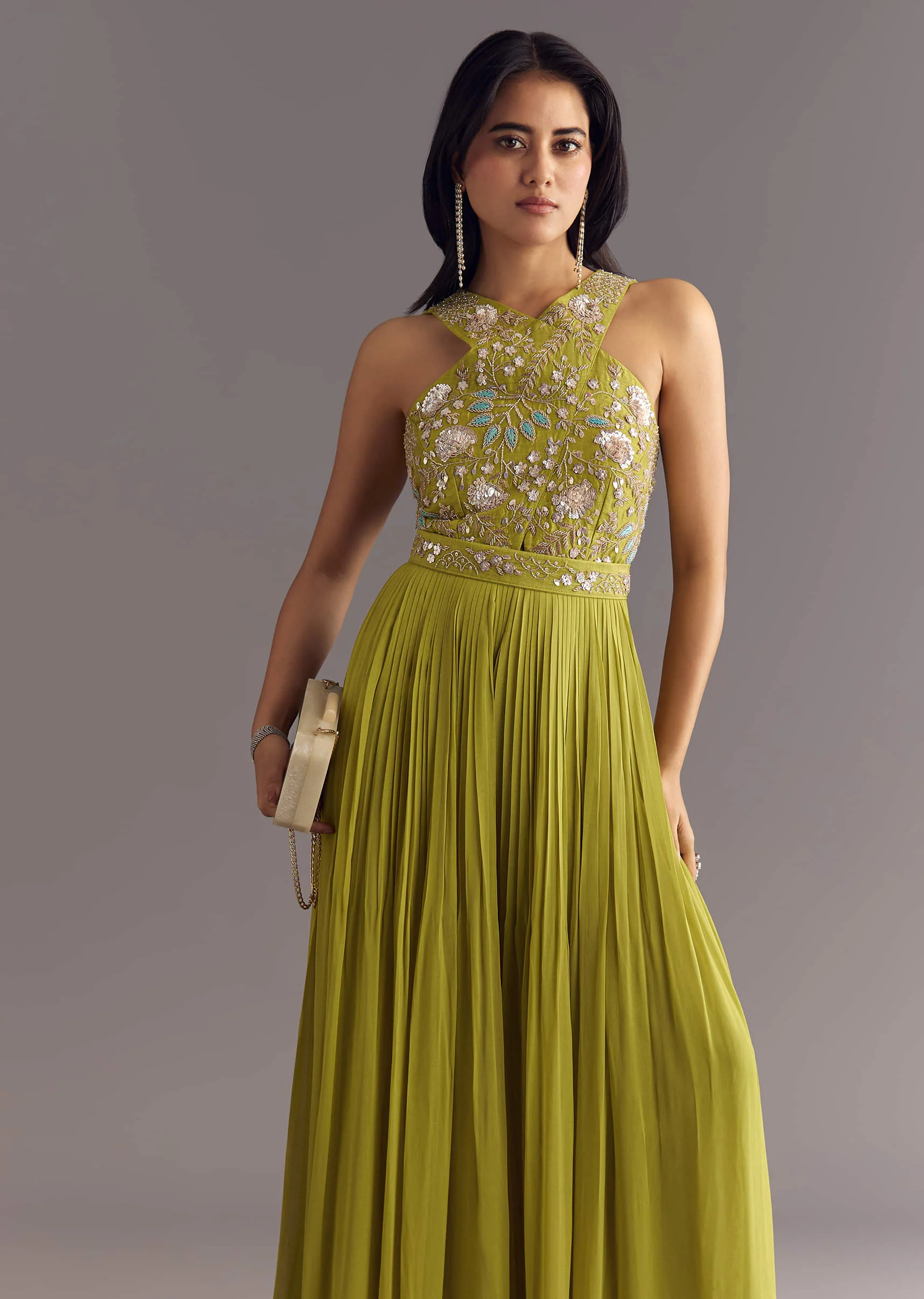 Citrus Green Georgette Jumpsuit With Embroidered Belt - Image 2